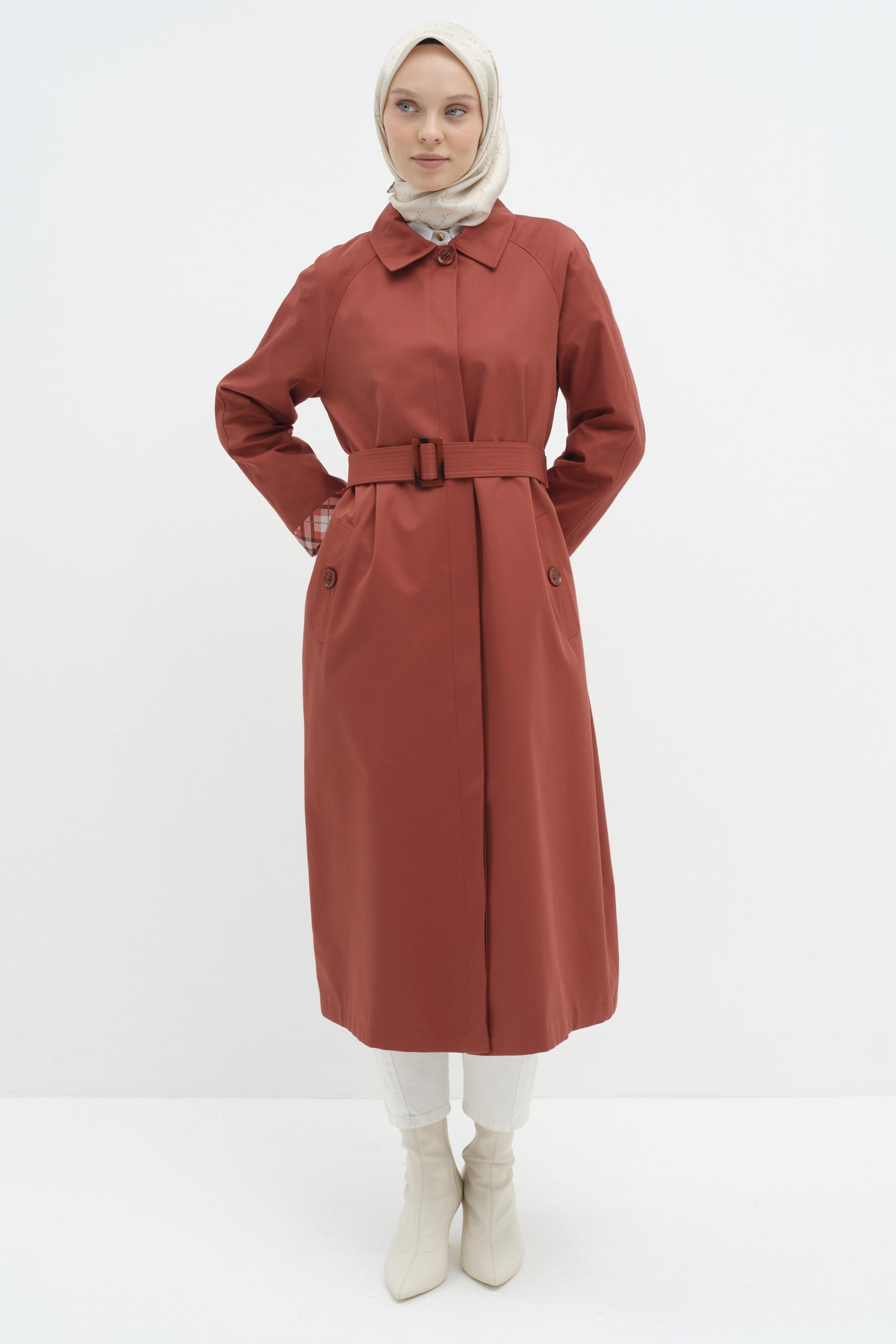 Reglan Duble Kollu Kemerli Trençkot - Kiremit TUGBA