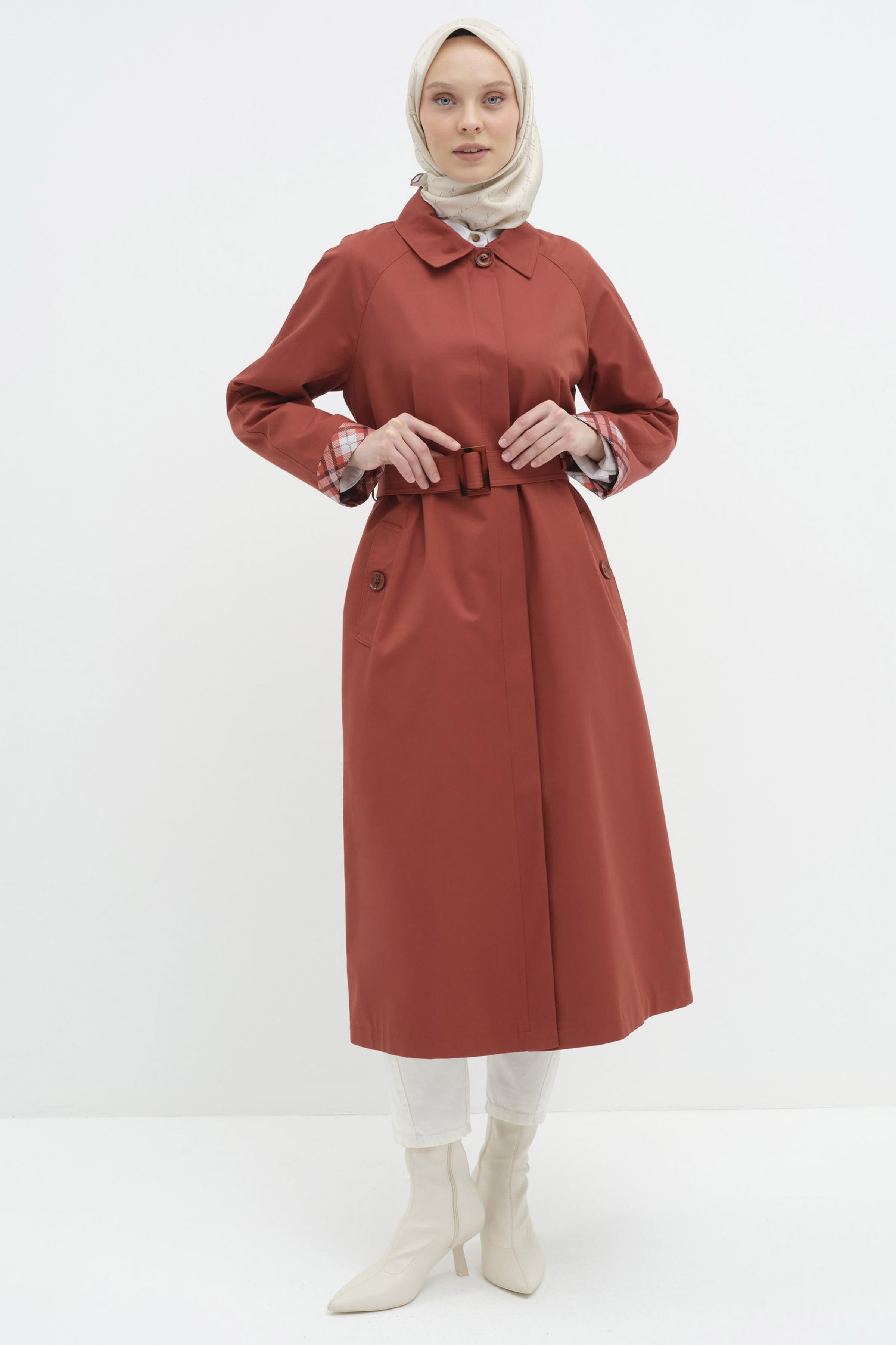 Reglan Duble Kollu Kemerli Trençkot - Kiremit TUGBA