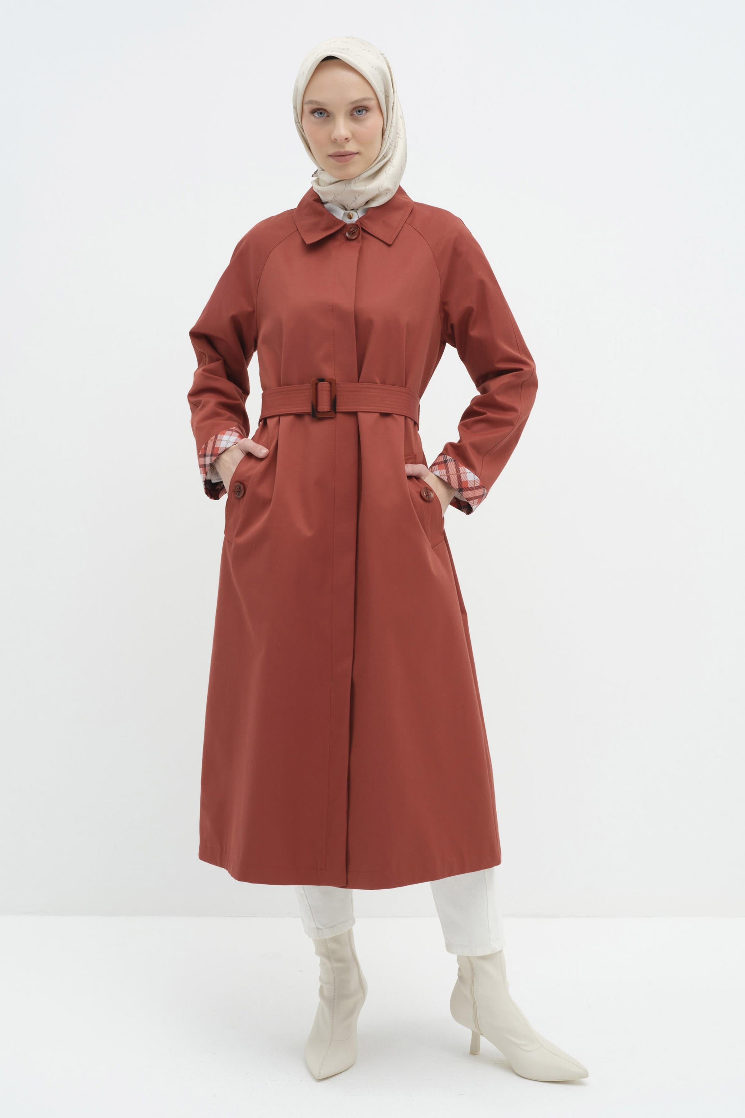 Reglan Duble Kollu Kemerli Trençkot - Kiremit TUGBA