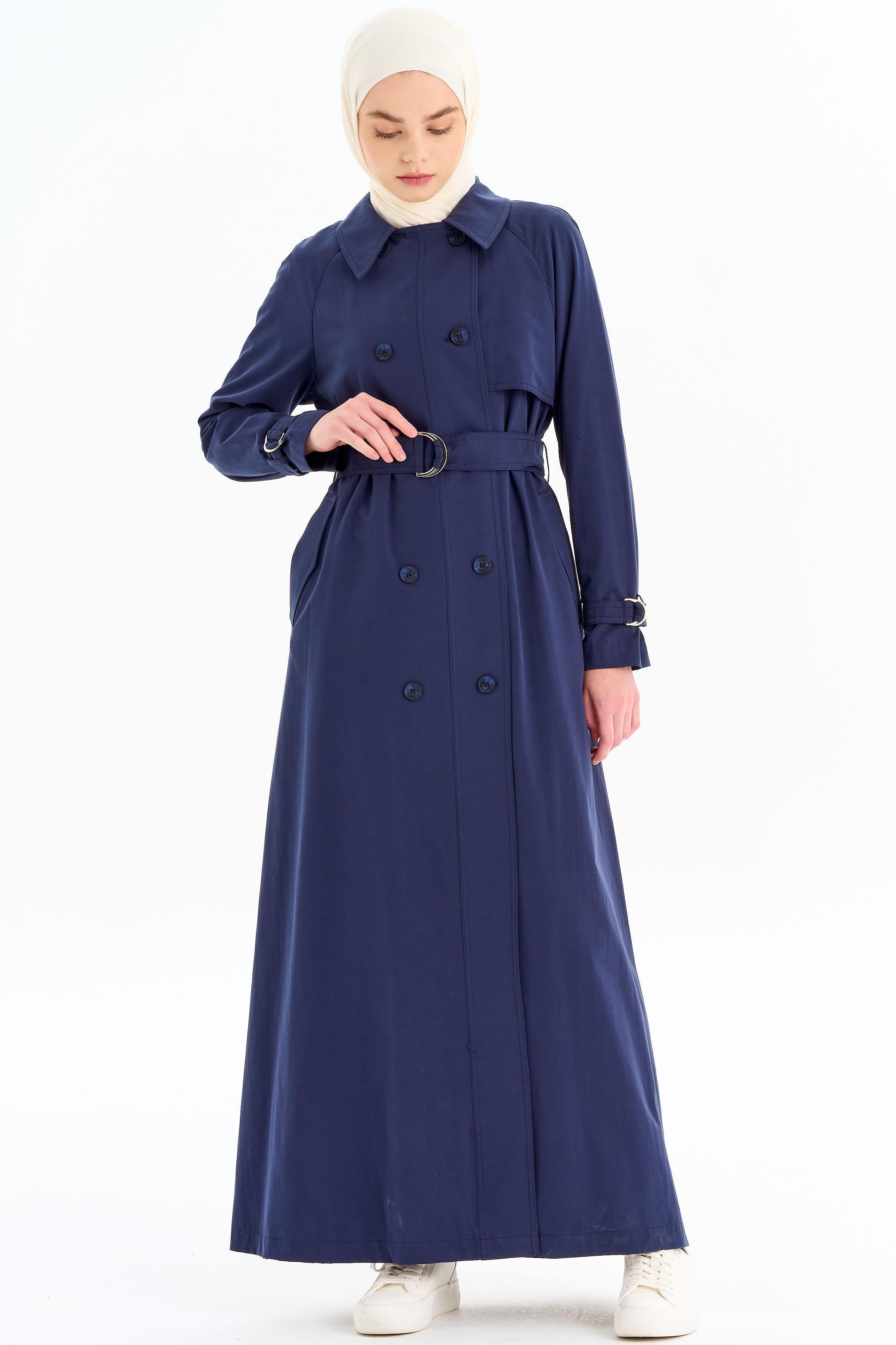 Reglan Kol Kruvaze Düğmeli Trenç - Lacivert TUGBA