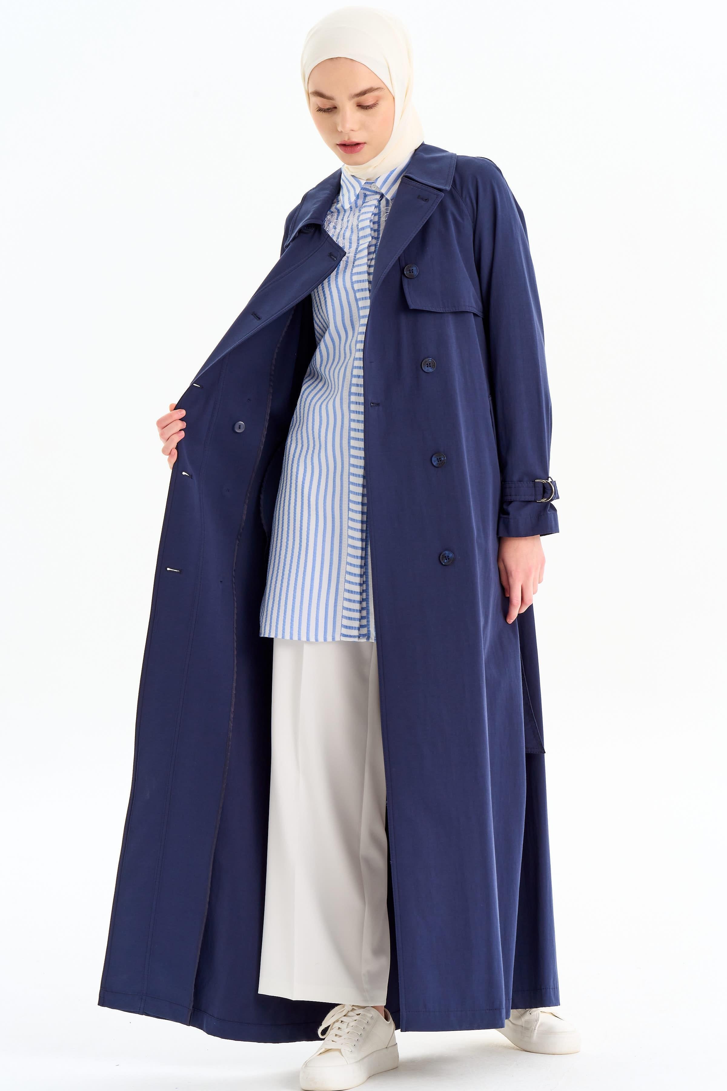 Reglan Kol Kruvaze Düğmeli Trenç - Lacivert TUGBA