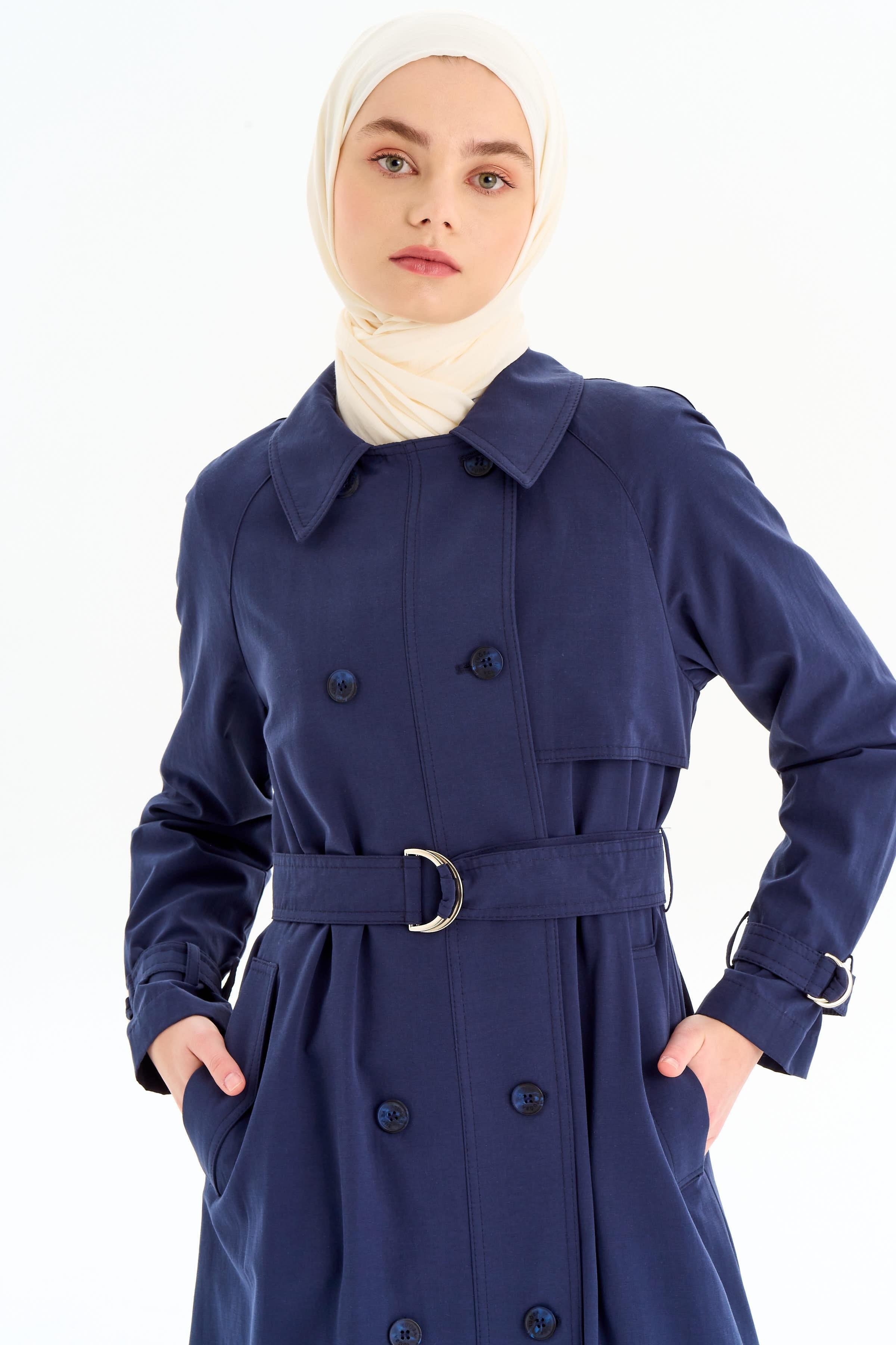 Reglan Kol Kruvaze Düğmeli Trenç - Lacivert TUGBA