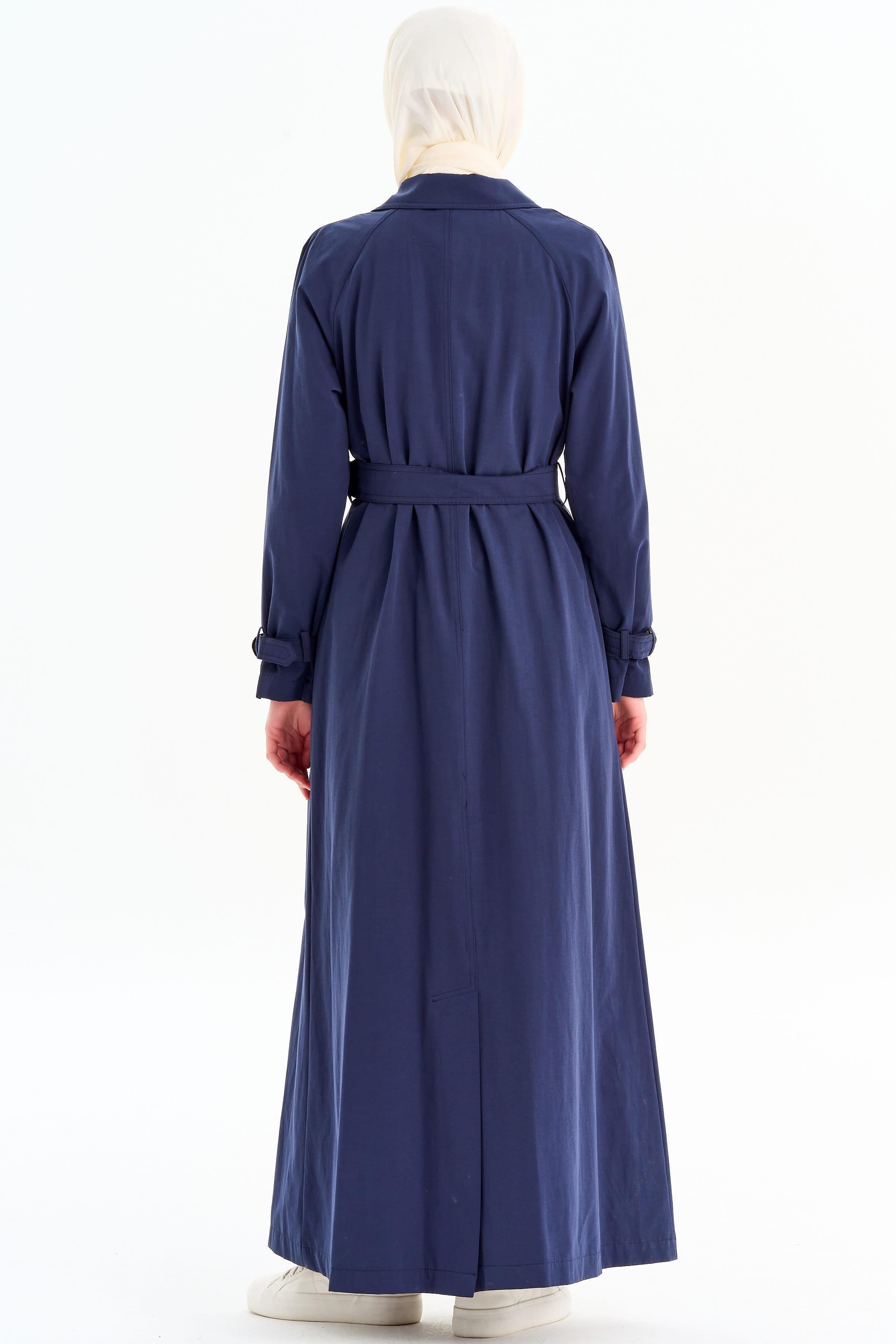 Reglan Kol Kruvaze Düğmeli Trenç - Lacivert TUGBA