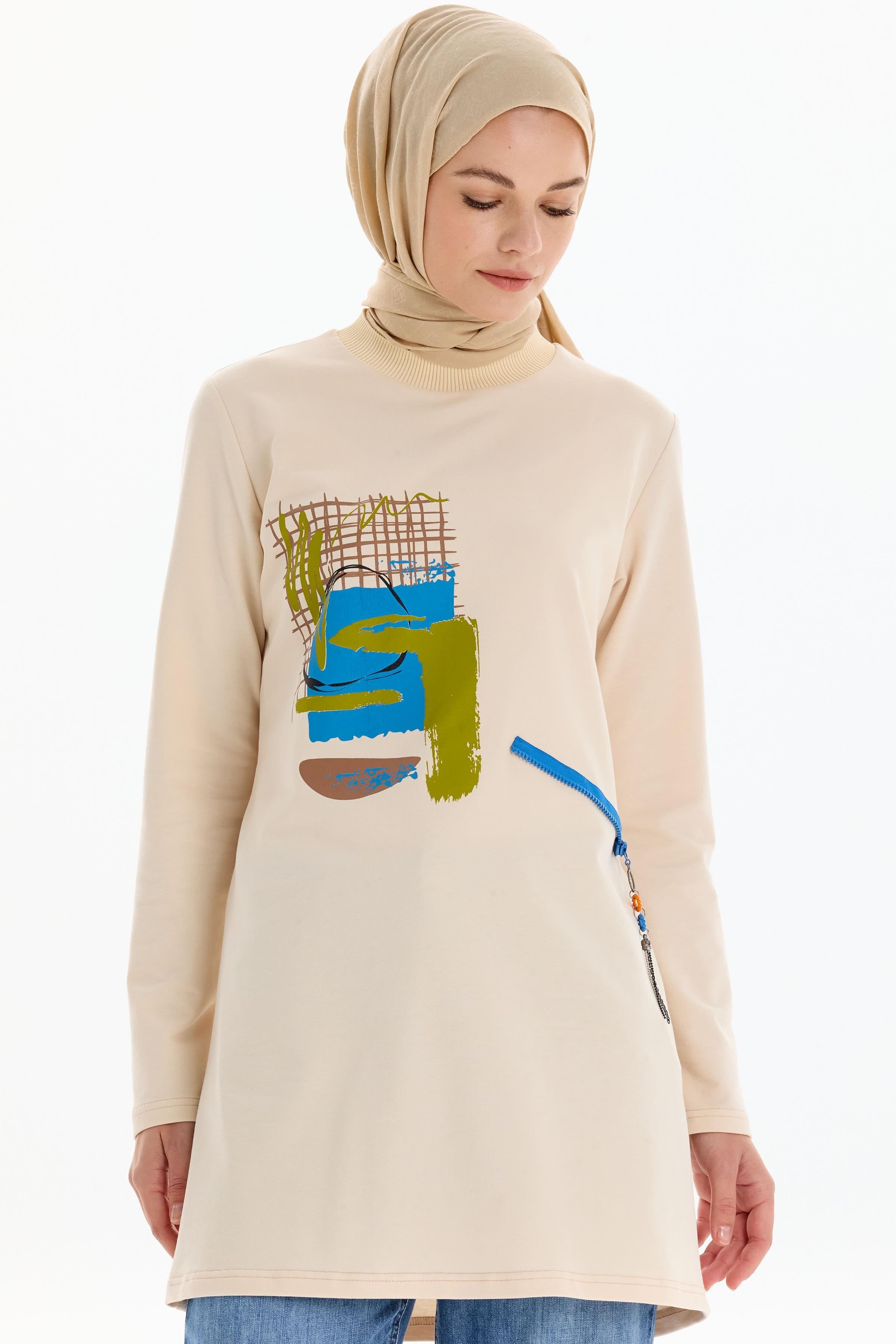 Ribana Yakalı Desen Baskılı Örme Sweat - Bej TUGBA