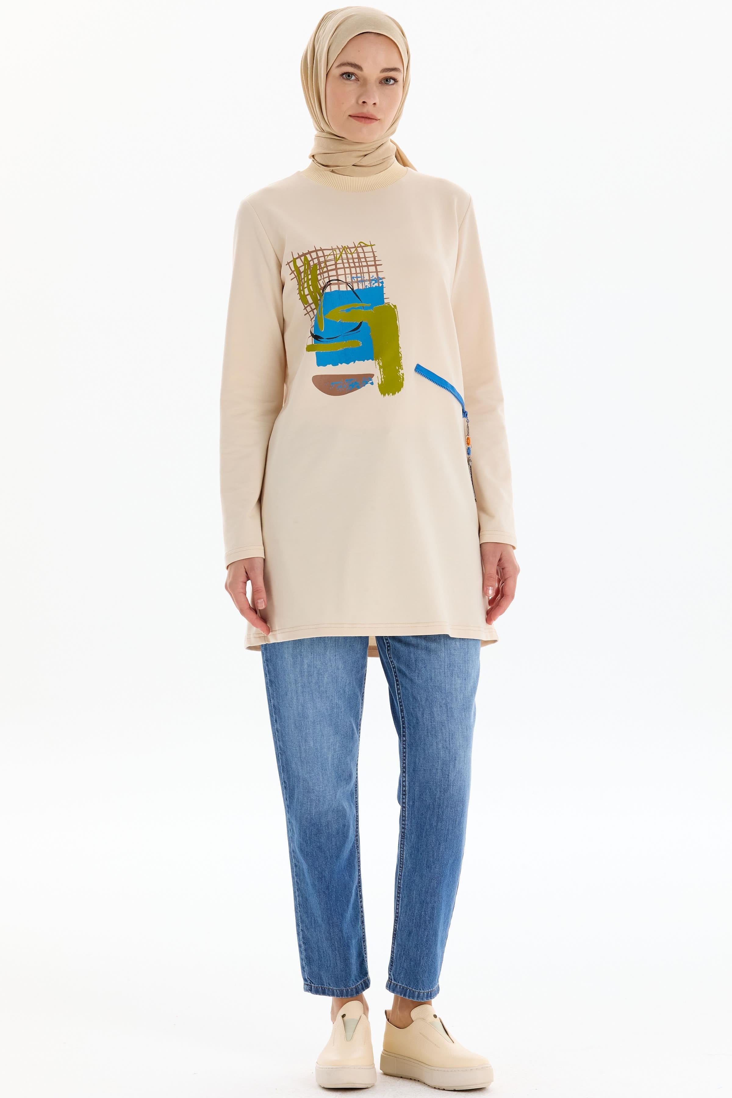 Ribana Yakalı Desen Baskılı Örme Sweat - Bej TUGBA