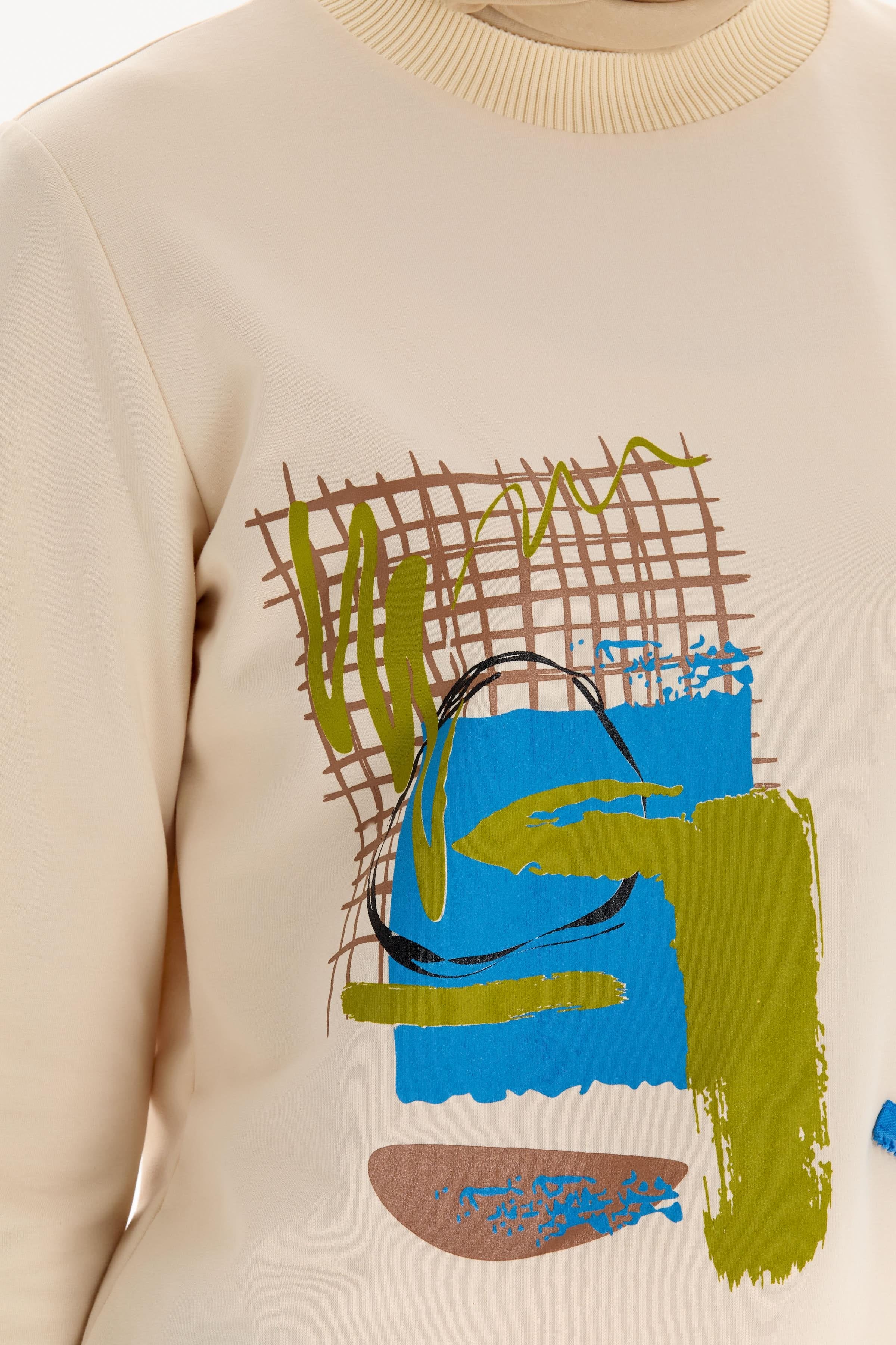 Ribana Yakalı Desen Baskılı Örme Sweat - Bej TUGBA