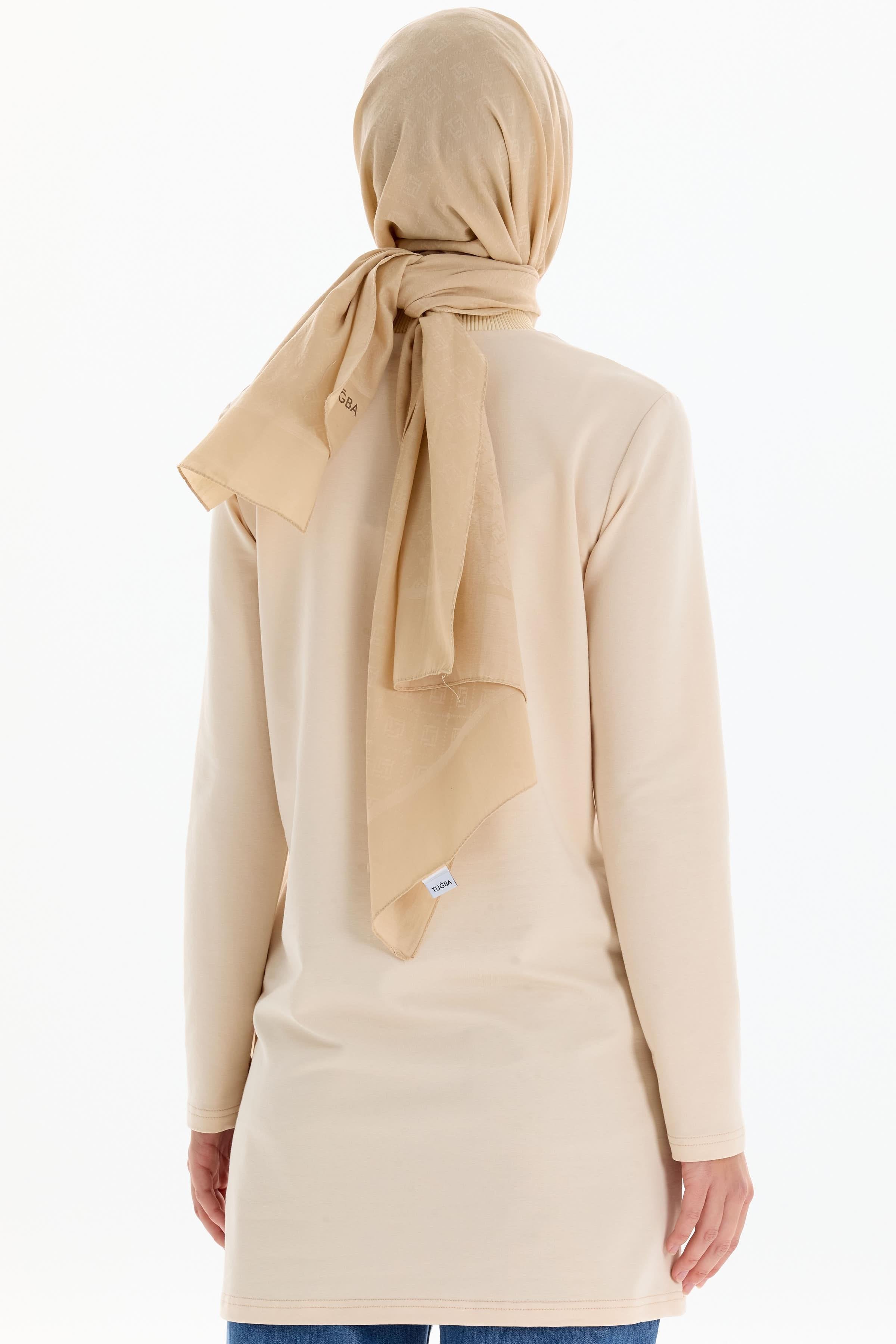 Ribana Yakalı Desen Baskılı Örme Sweat - Bej TUGBA