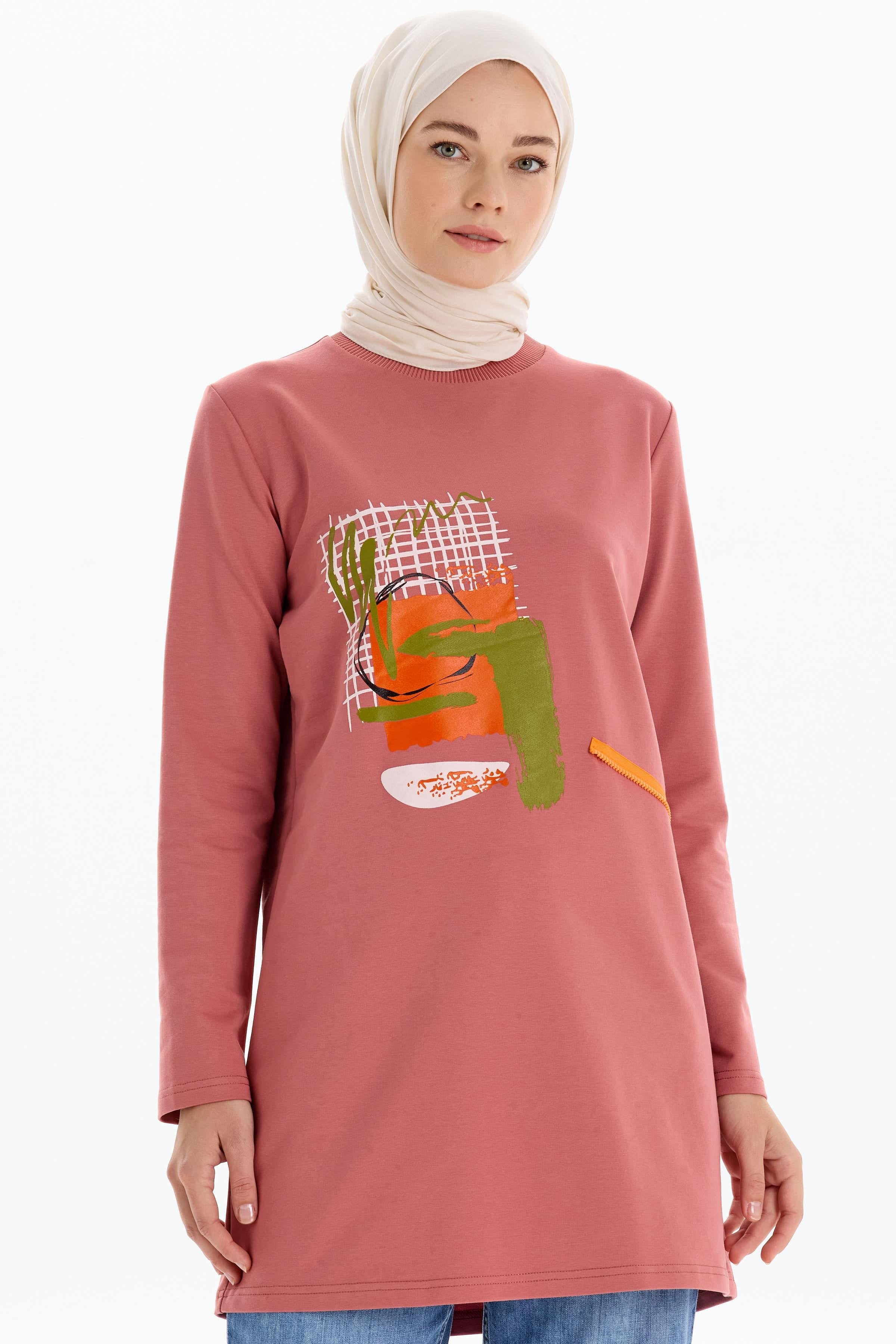 Ribana Yakalı Desen Baskılı Örme Sweat - Gül Kurusu TUGBA