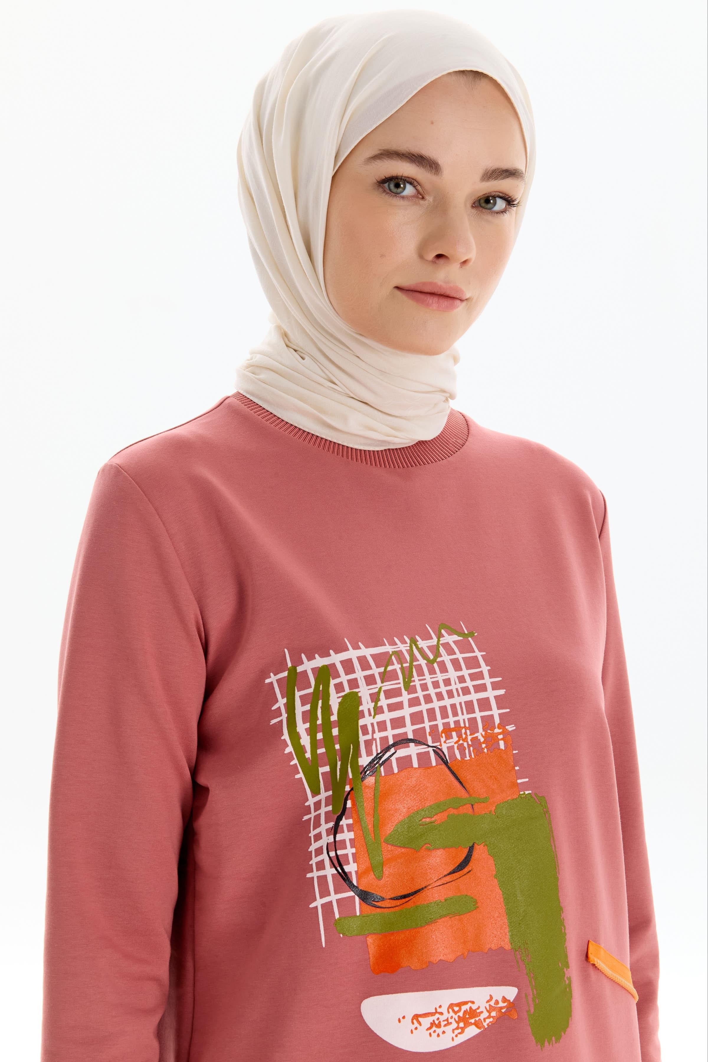 Ribana Yakalı Desen Baskılı Örme Sweat - Gül Kurusu TUGBA