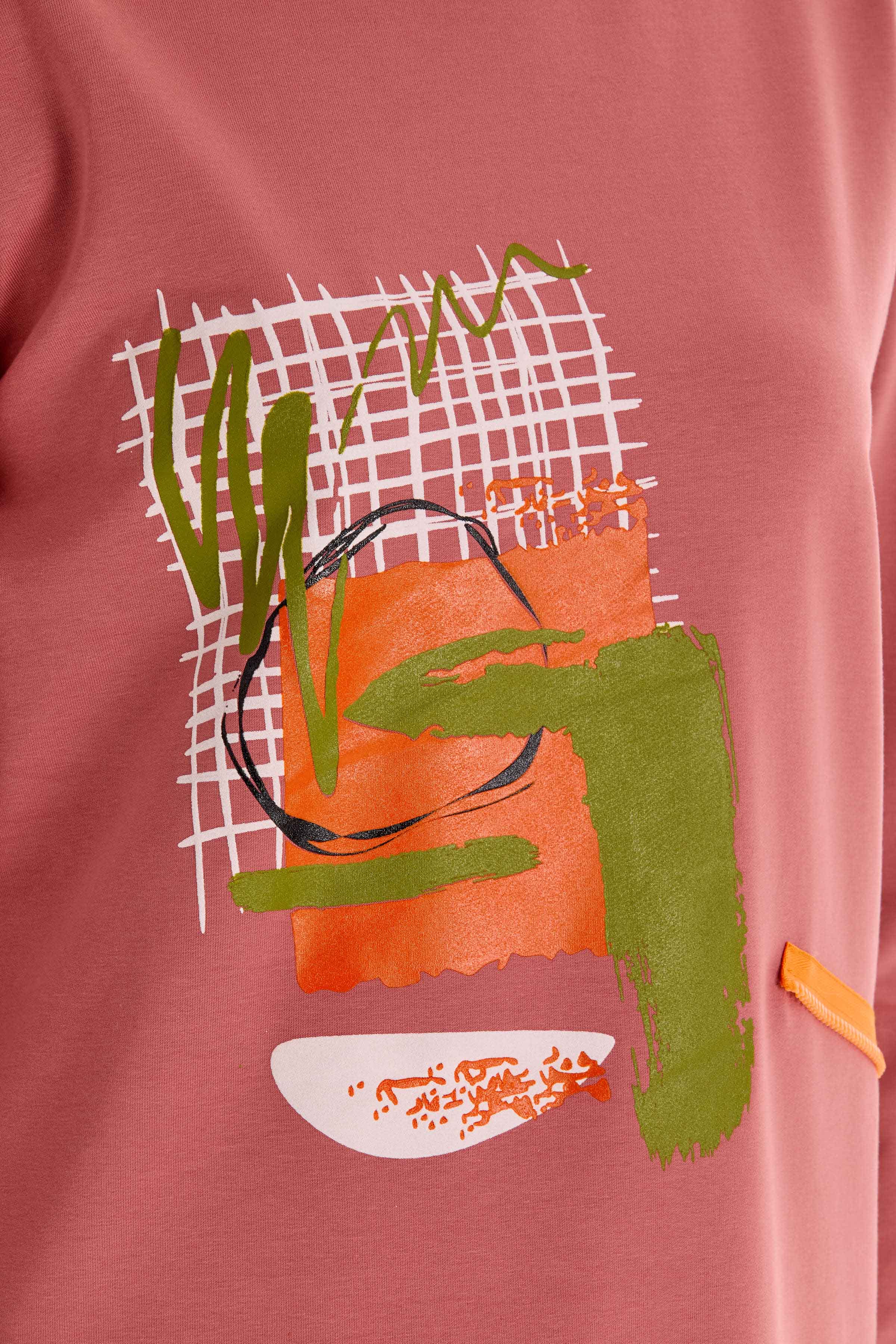 Ribana Yakalı Desen Baskılı Örme Sweat - Gül Kurusu TUGBA