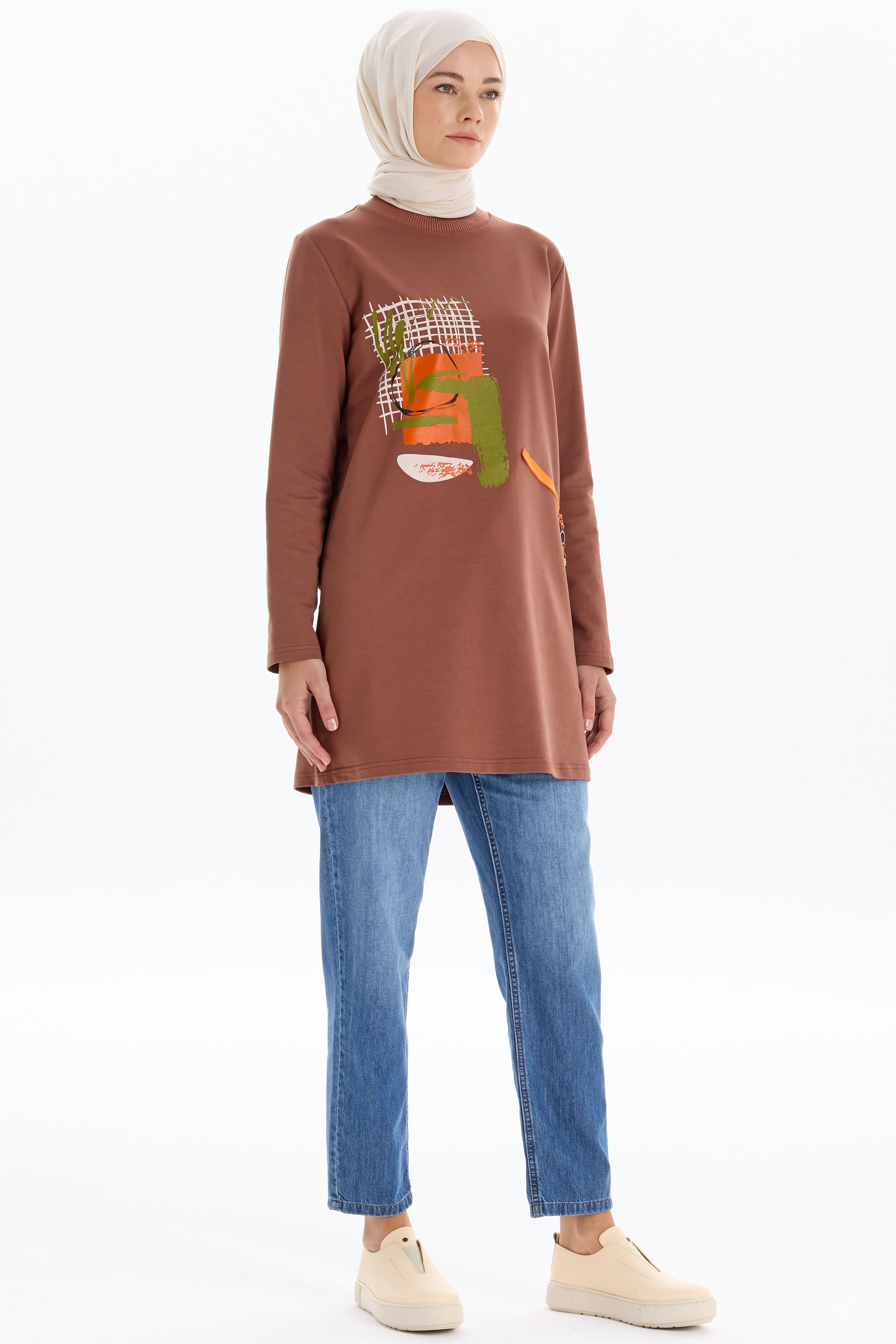 Ribana Yakalı Desen Baskılı Örme Sweat - Kahve TUGBA