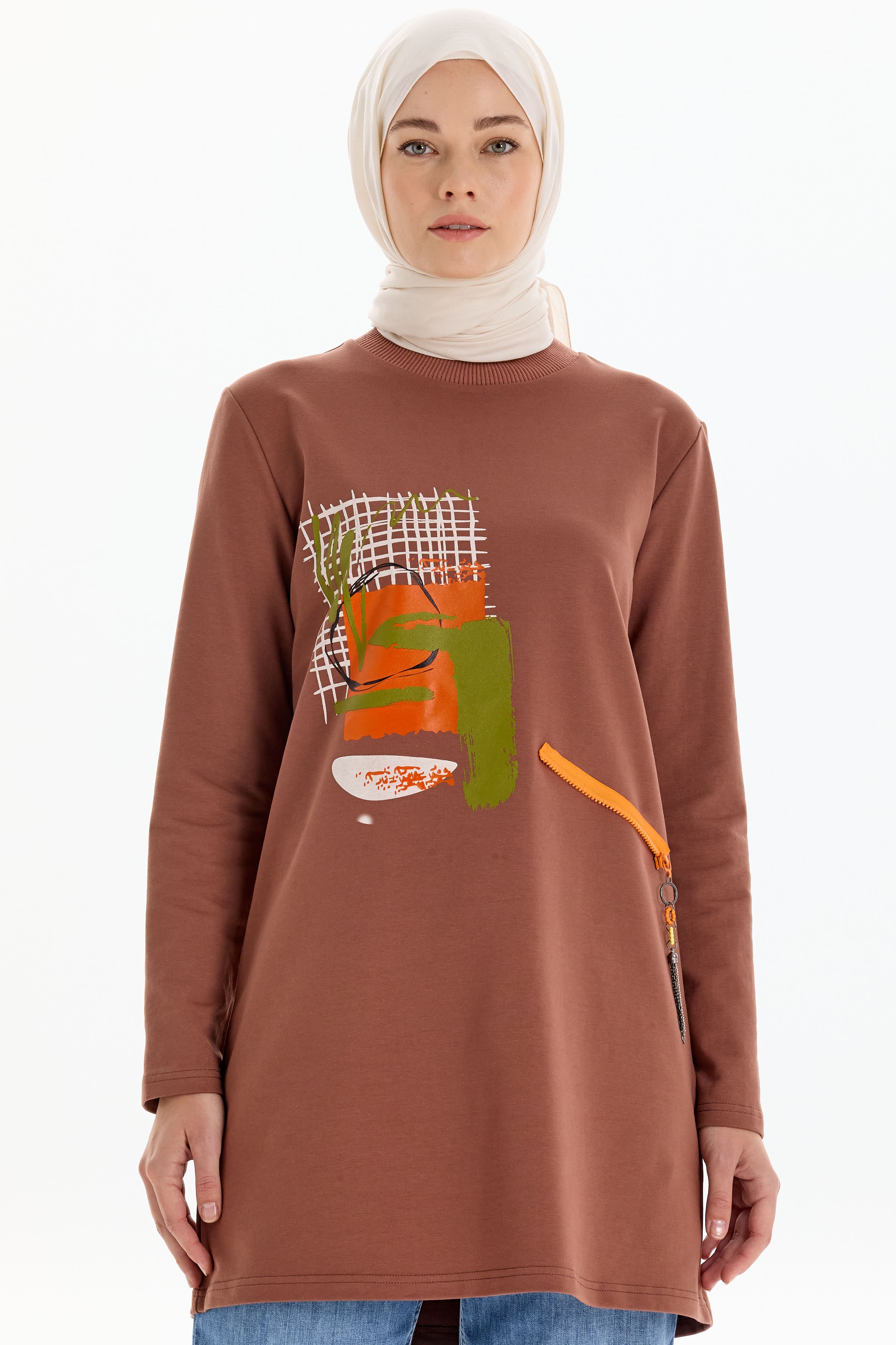 Ribana Yakalı Desen Baskılı Örme Sweat - Kahve TUGBA