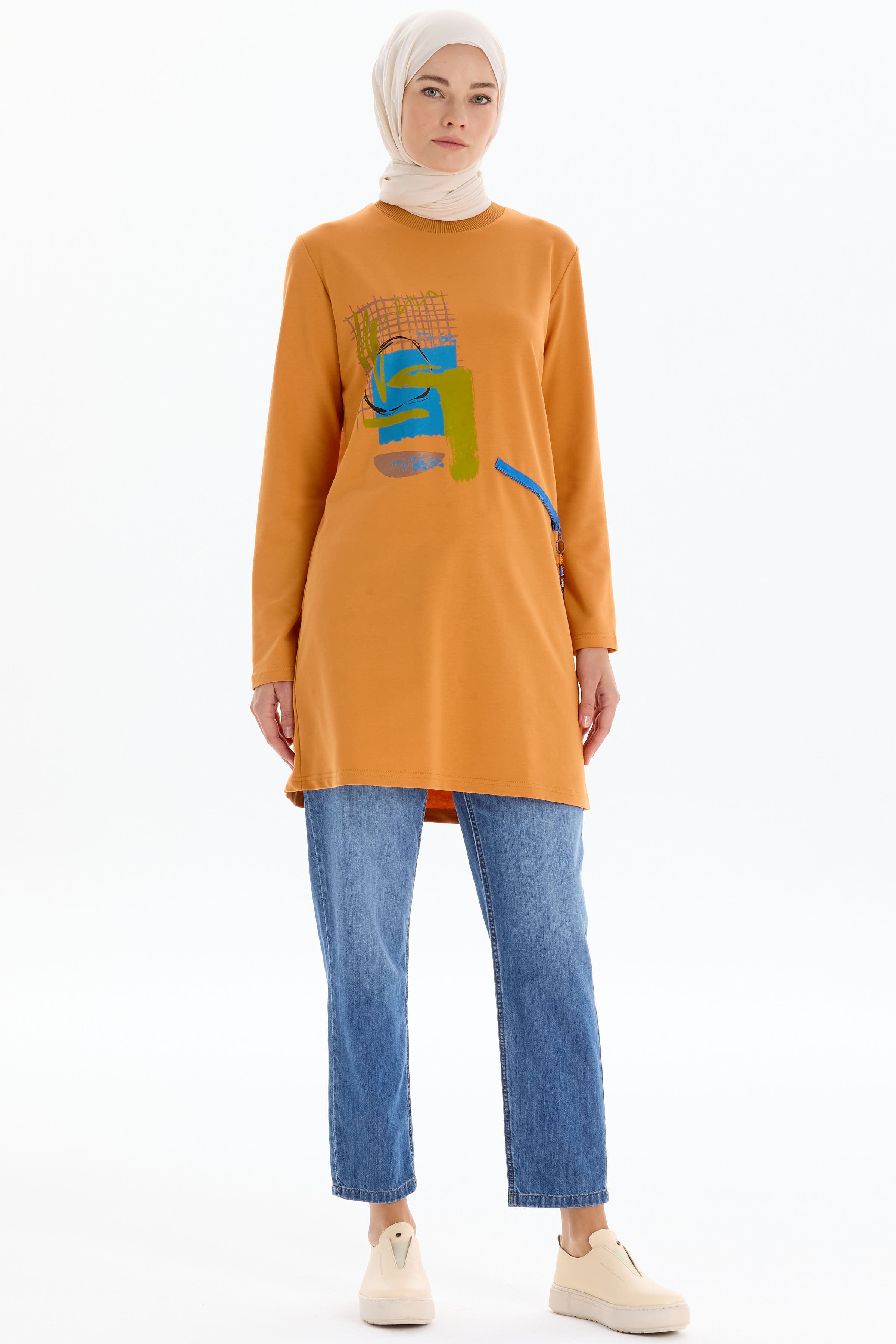 Ribana Yakalı Desen Baskılı Örme Sweat - Turuncu TUGBA
