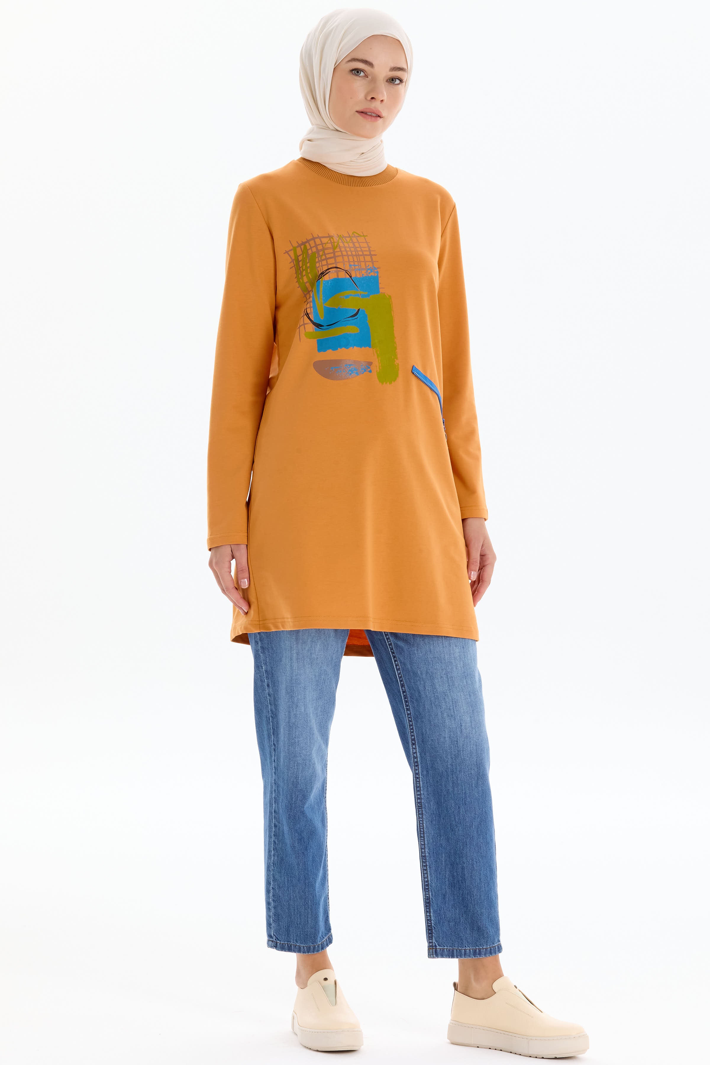 Ribana Yakalı Desen Baskılı Örme Sweat - Turuncu TUGBA