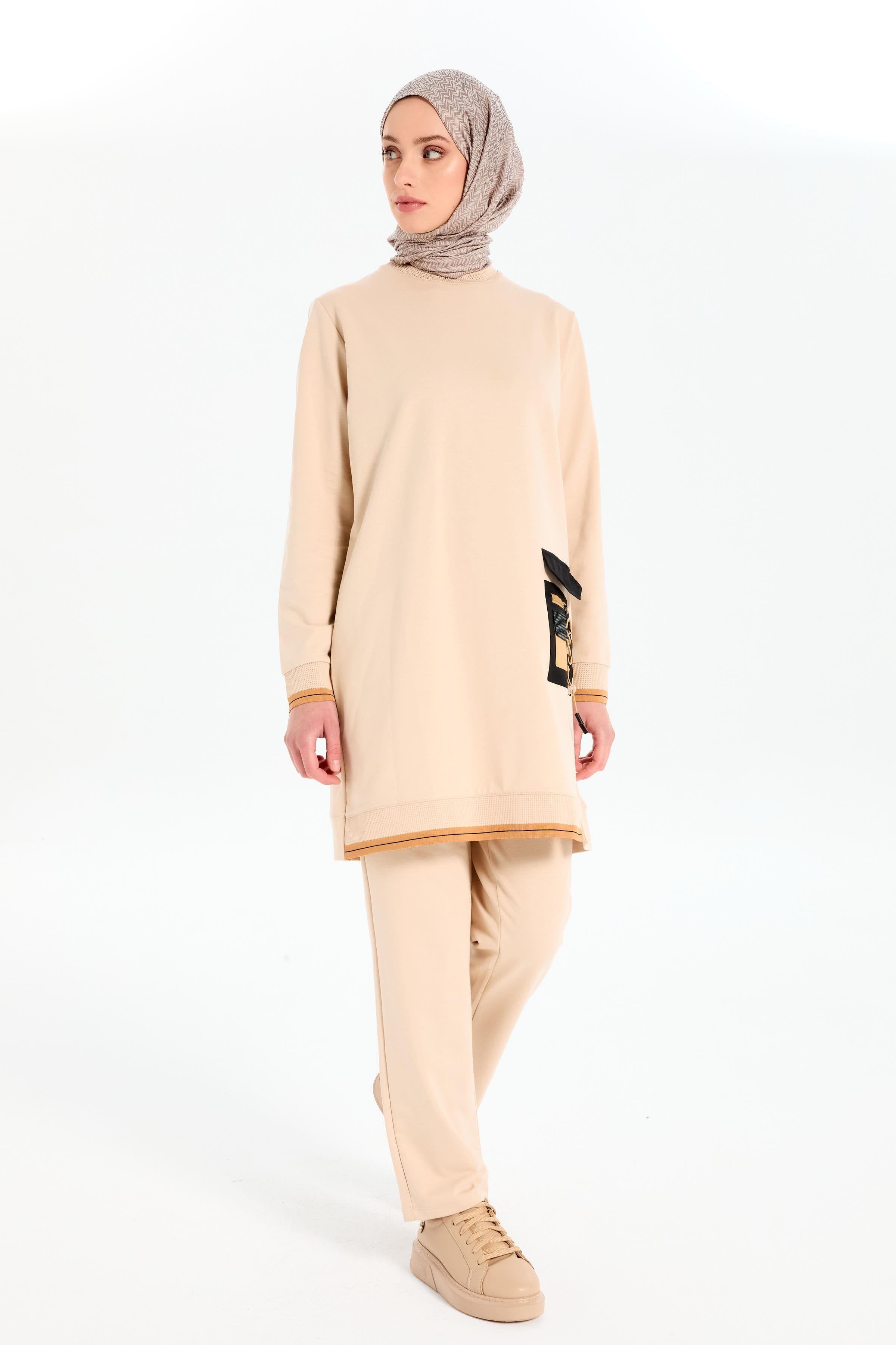 Ribanalı Cep Detaylı Tunik Pantolonlu Takım - Bej - Camel TUGBA