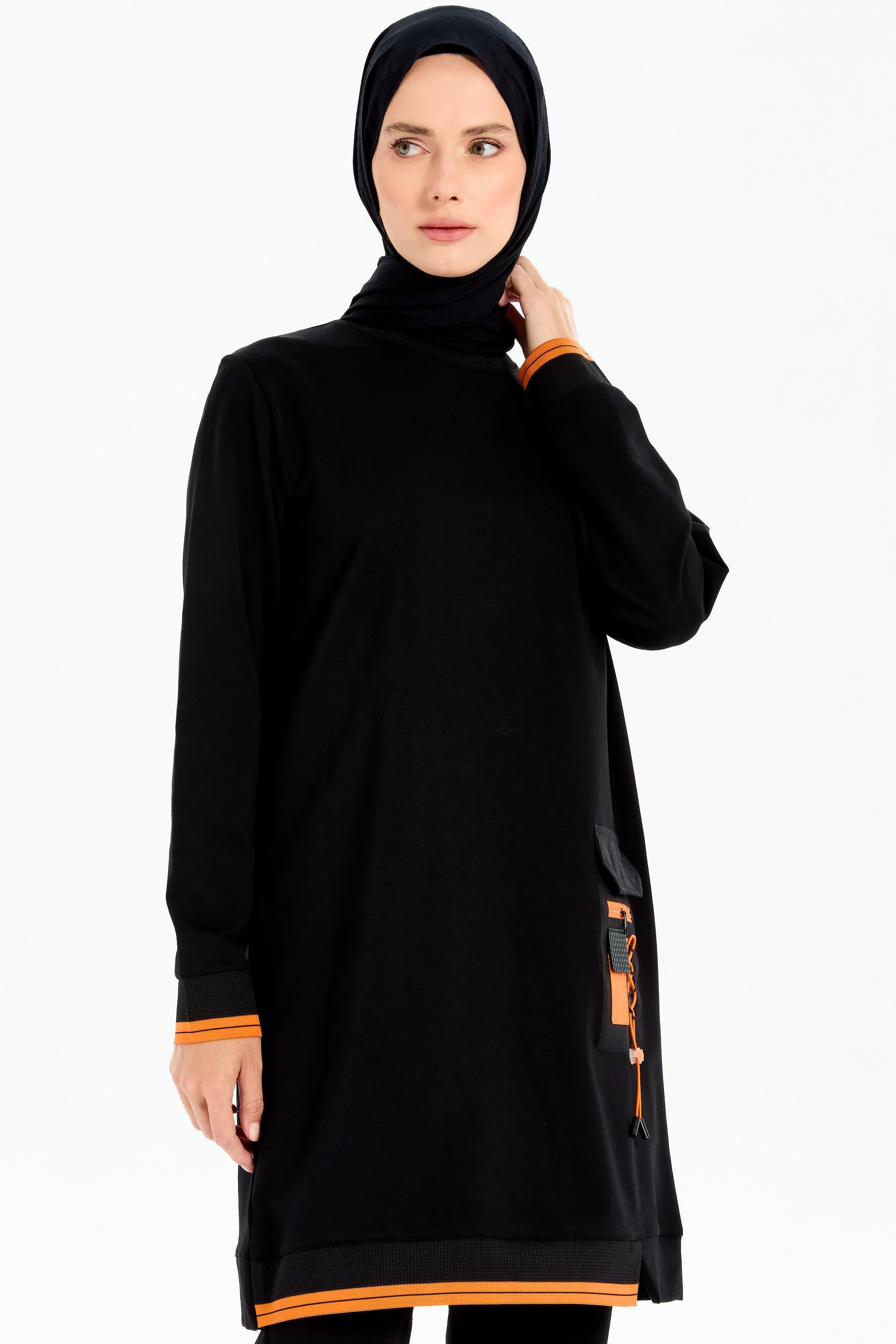 Ribanalı Cep Detaylı Tunik Pantolonlu Takım - Siyah - Turuncu TUGBA