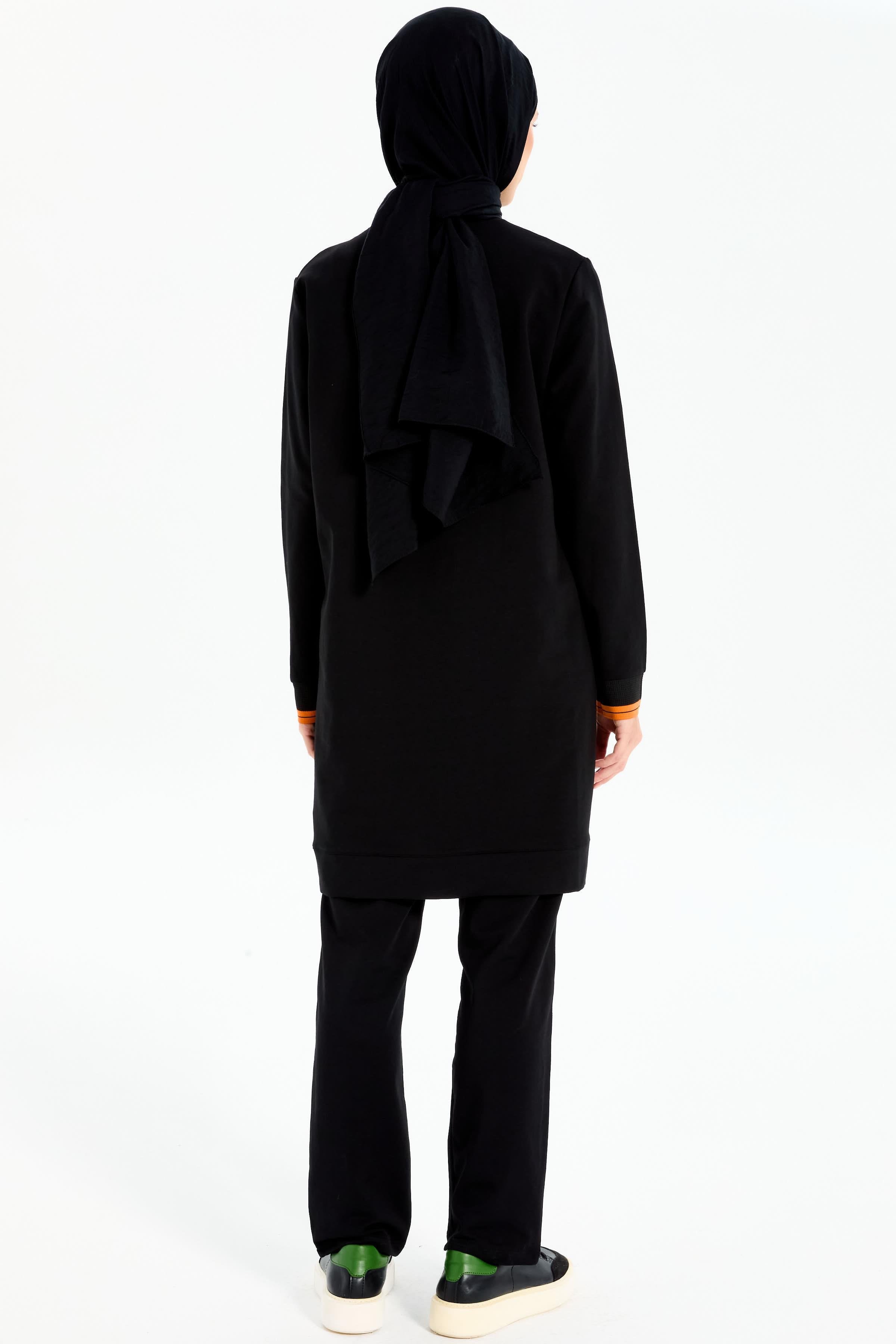 Ribanalı Cep Detaylı Tunik Pantolonlu Takım - Siyah - Turuncu TUGBA