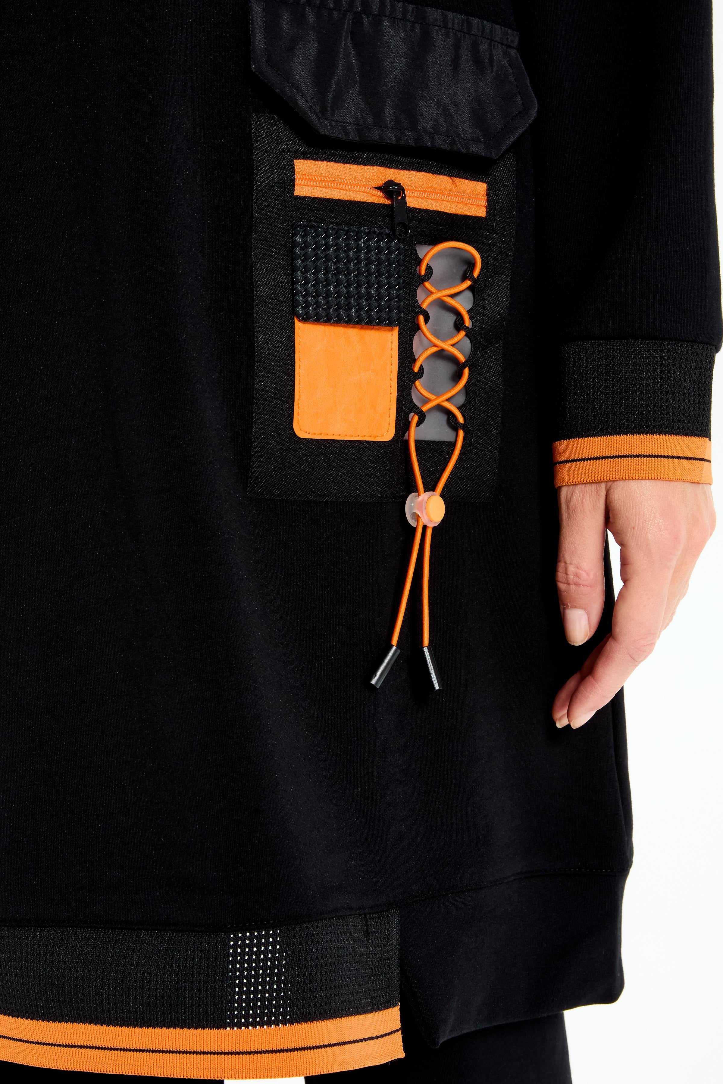 Ribanalı Cep Detaylı Tunik Pantolonlu Takım - Siyah - Turuncu TUGBA