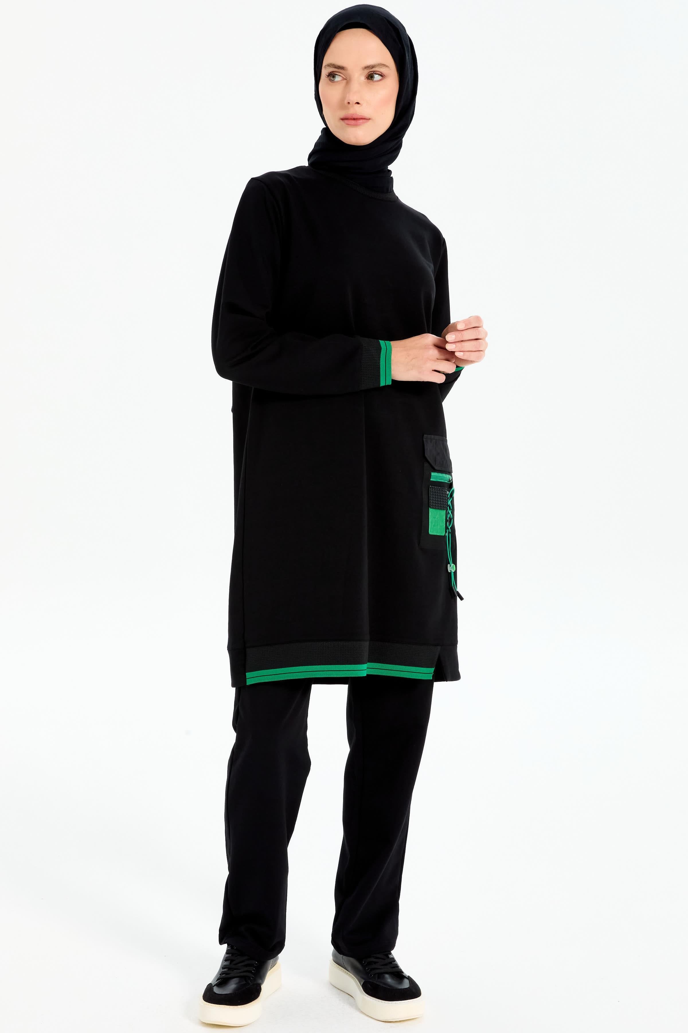 Ribanalı Cep Detaylı Tunik Pantolonlu Takım - Siyah - Yeşil TUGBA