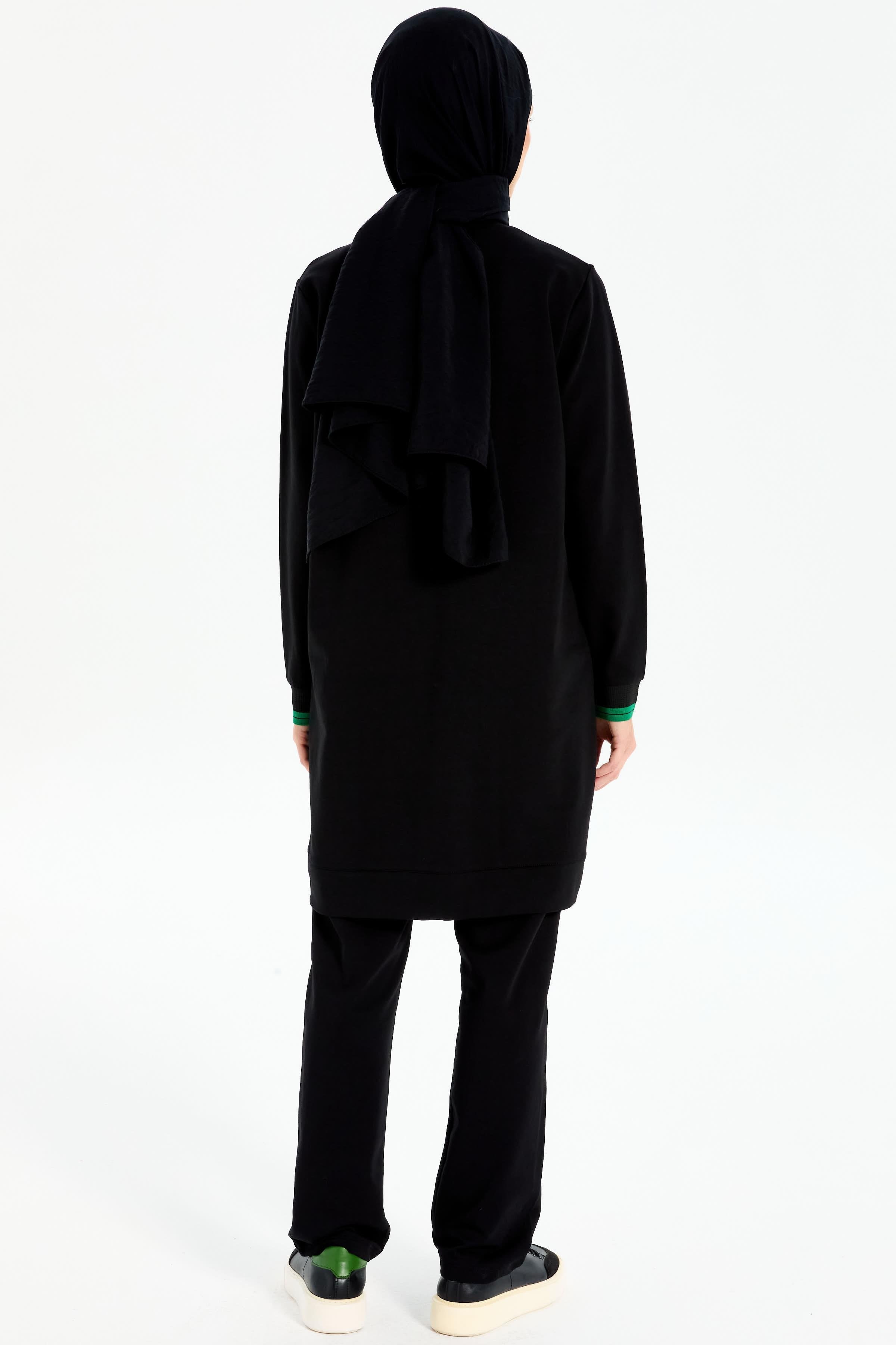 Ribanalı Cep Detaylı Tunik Pantolonlu Takım - Siyah - Yeşil TUGBA