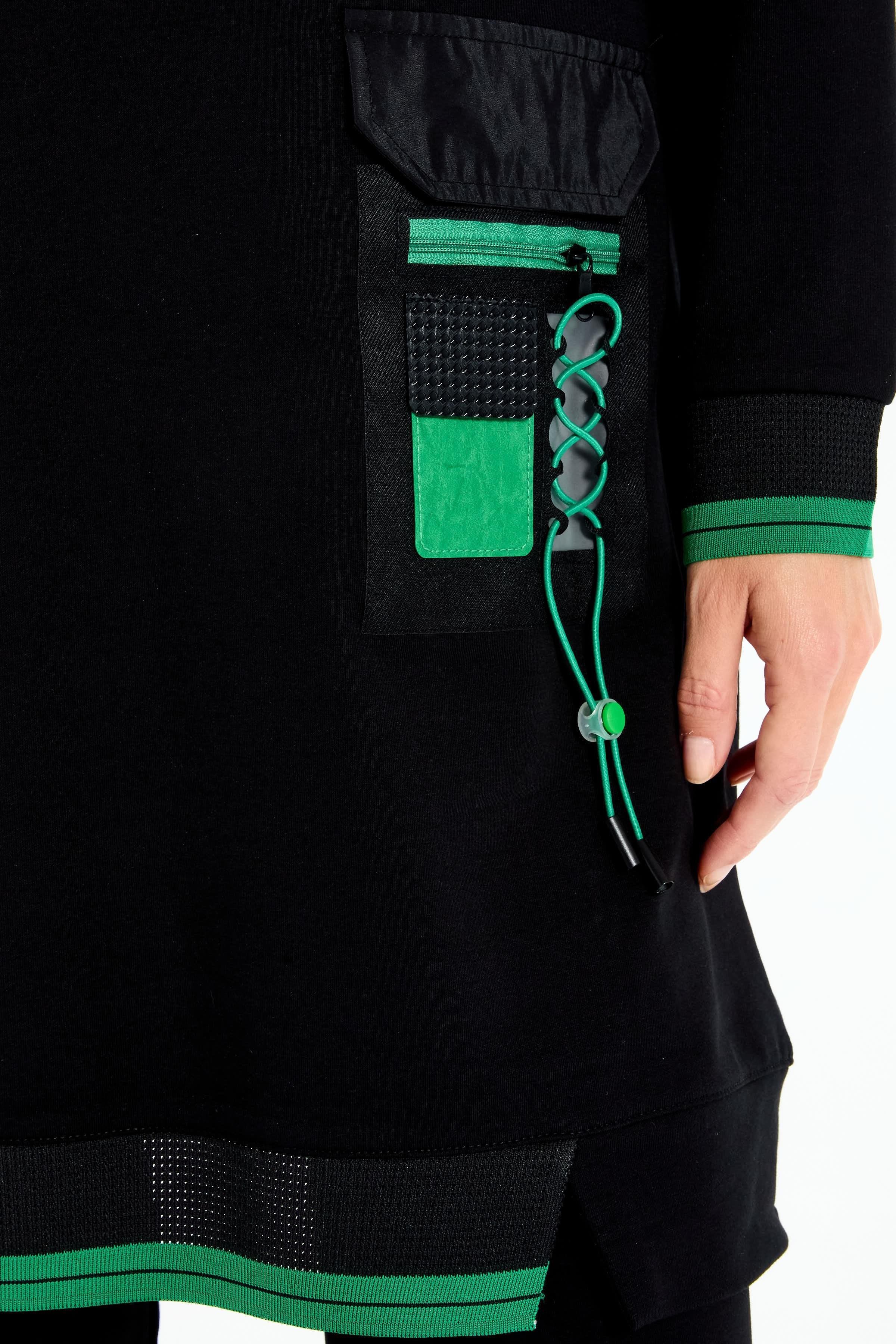 Ribanalı Cep Detaylı Tunik Pantolonlu Takım - Siyah - Yeşil TUGBA