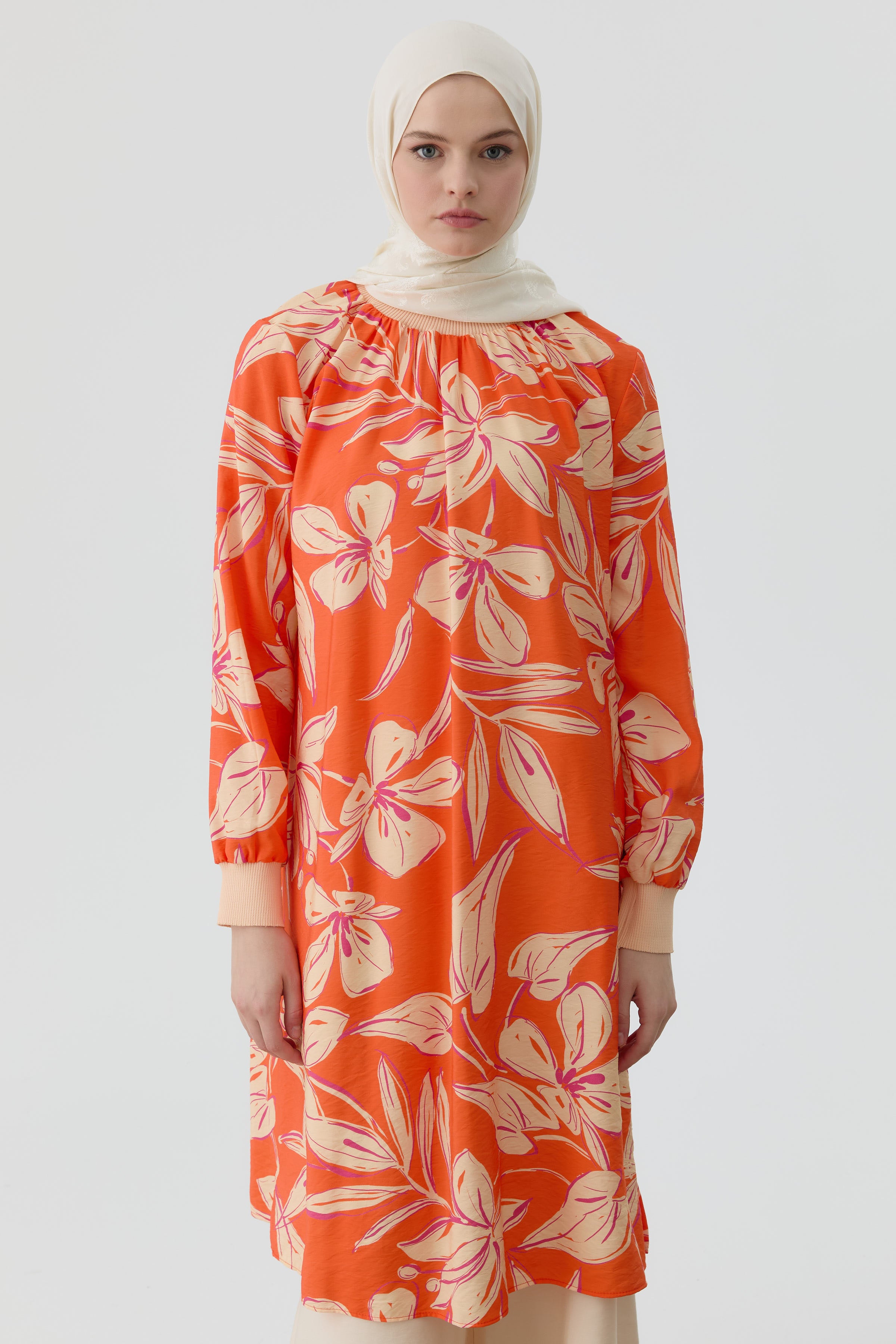 Ribanalı Çiçek Desenli Tunik - Oranj TUGBA