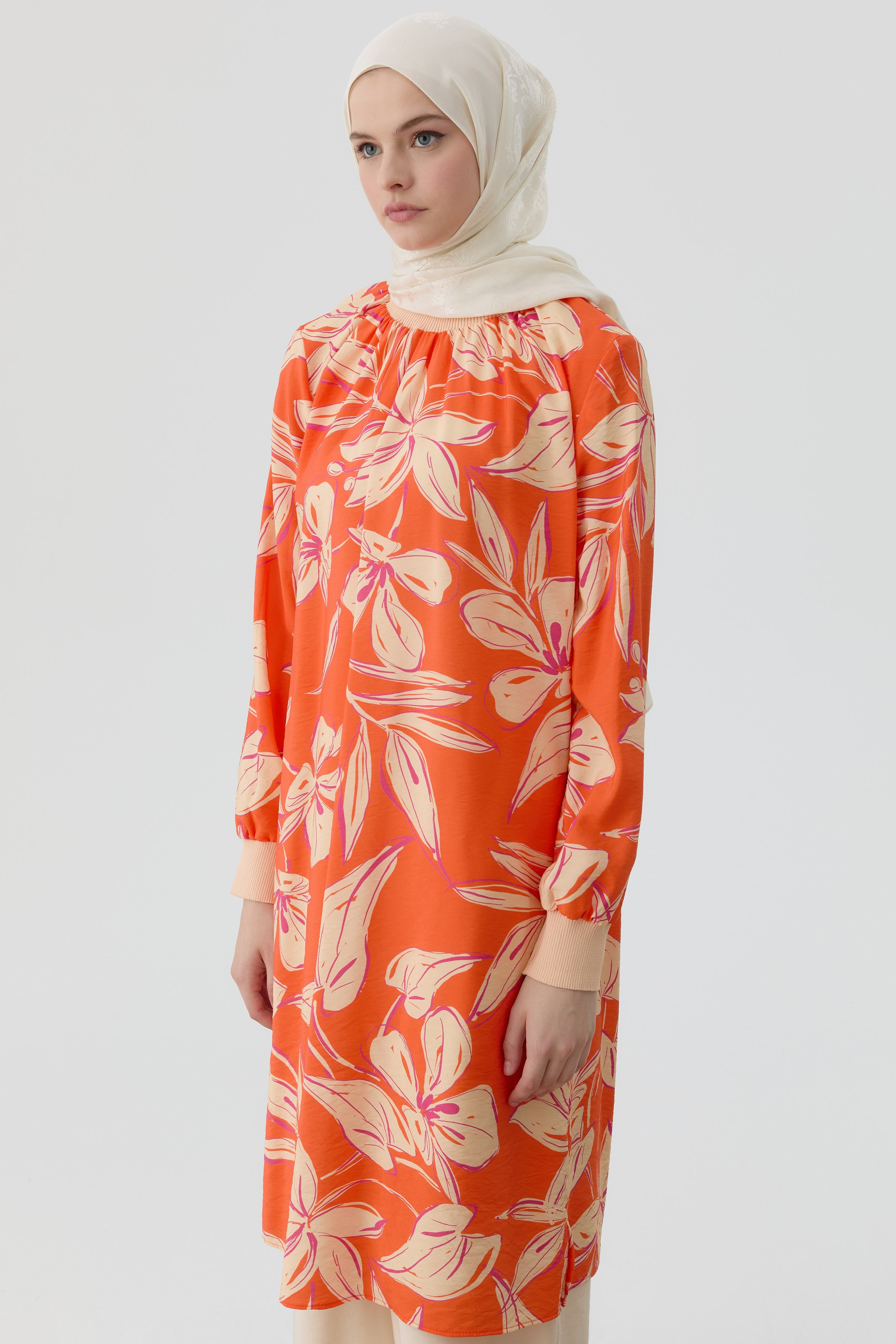 Ribanalı Çiçek Desenli Tunik - Oranj TUGBA