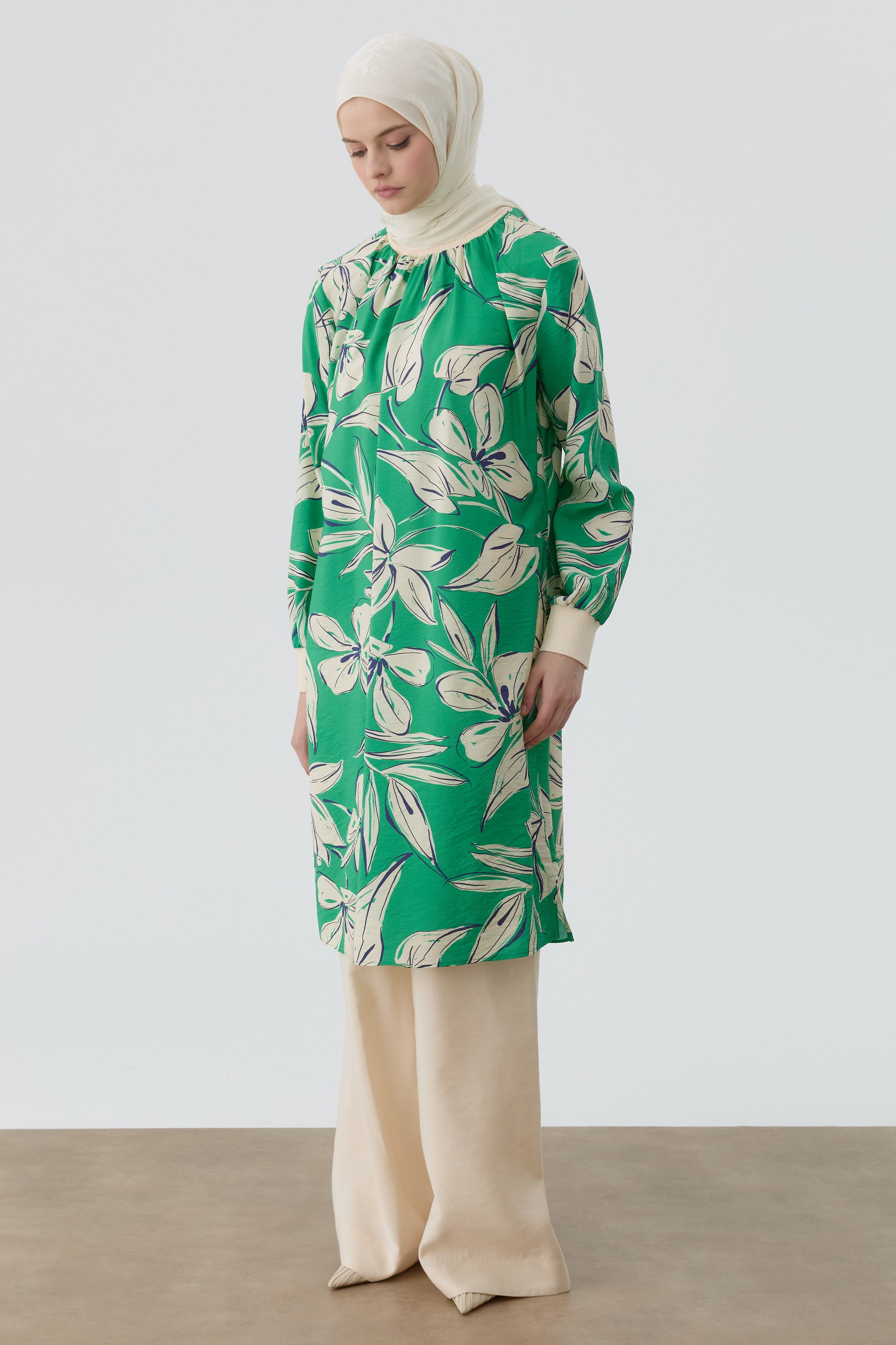 Ribanalı Çiçek Desenli Tunik - Yeşil TUGBA