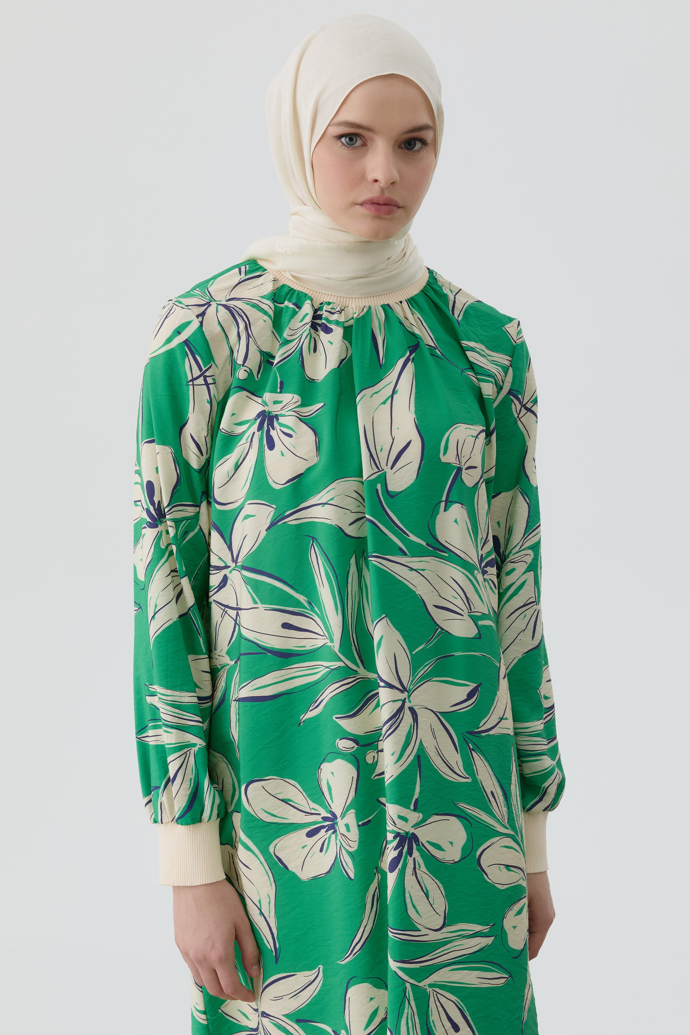 Ribanalı Çiçek Desenli Tunik - Yeşil TUGBA