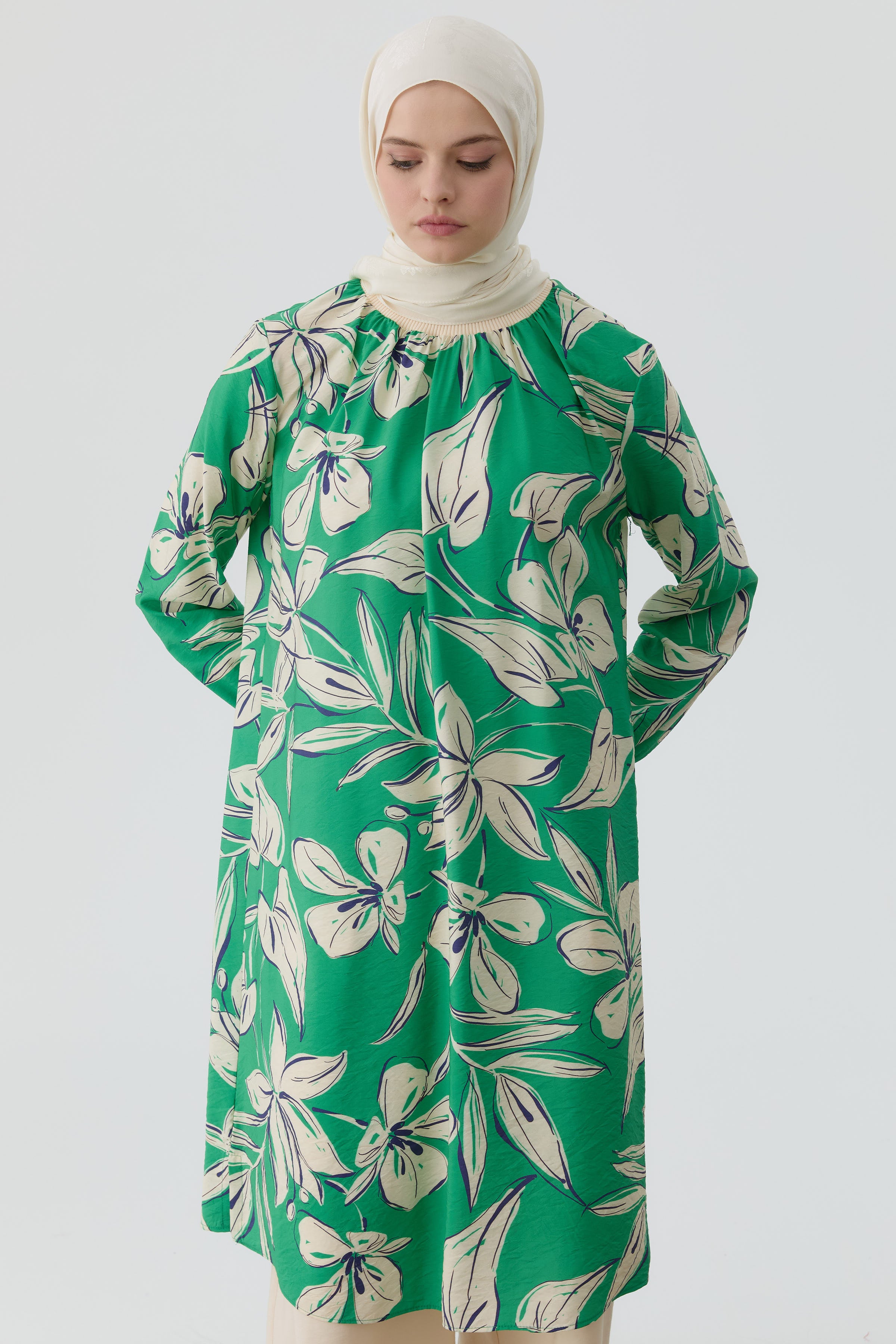 Ribanalı Çiçek Desenli Tunik - Yeşil TUGBA