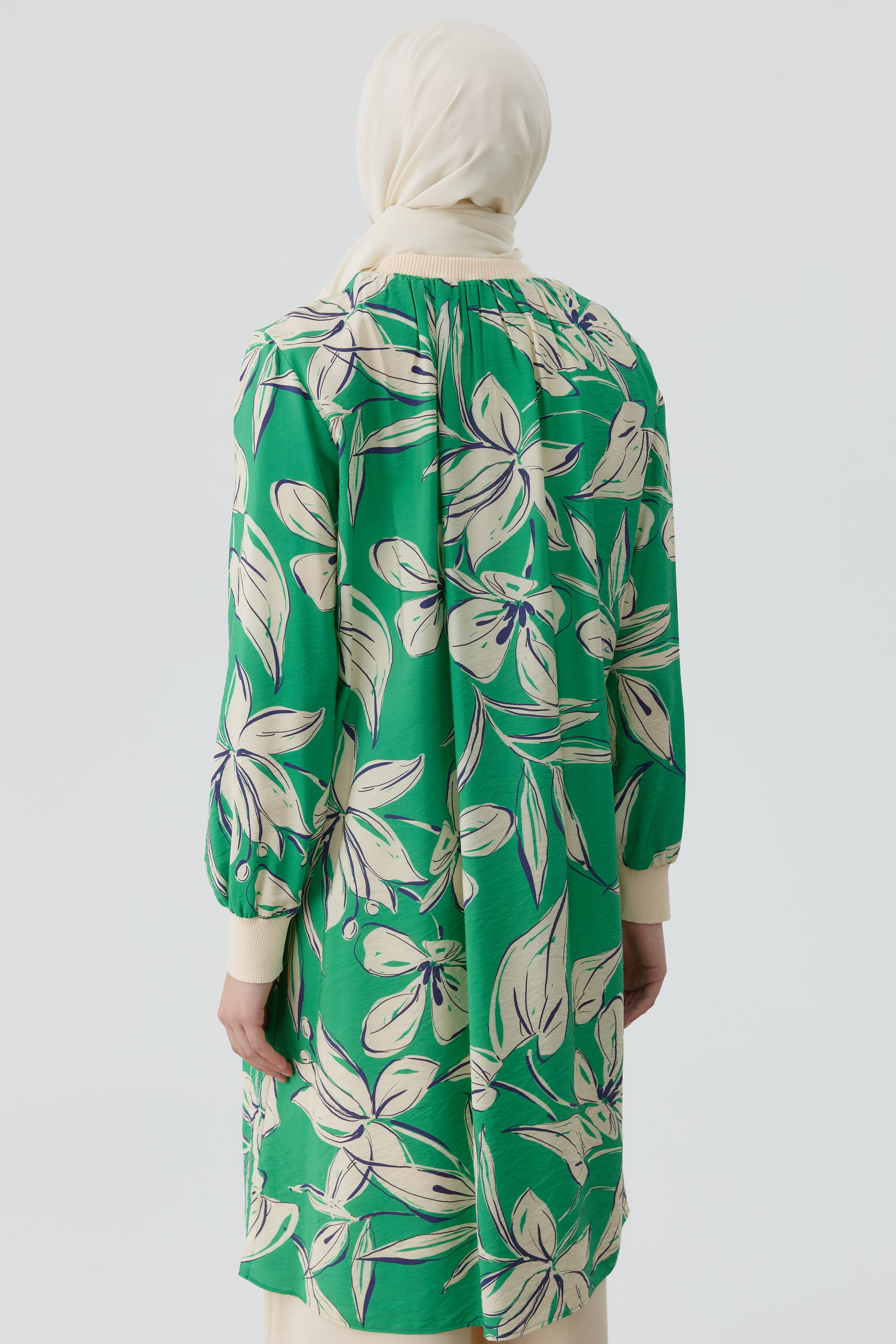 Ribanalı Çiçek Desenli Tunik - Yeşil TUGBA