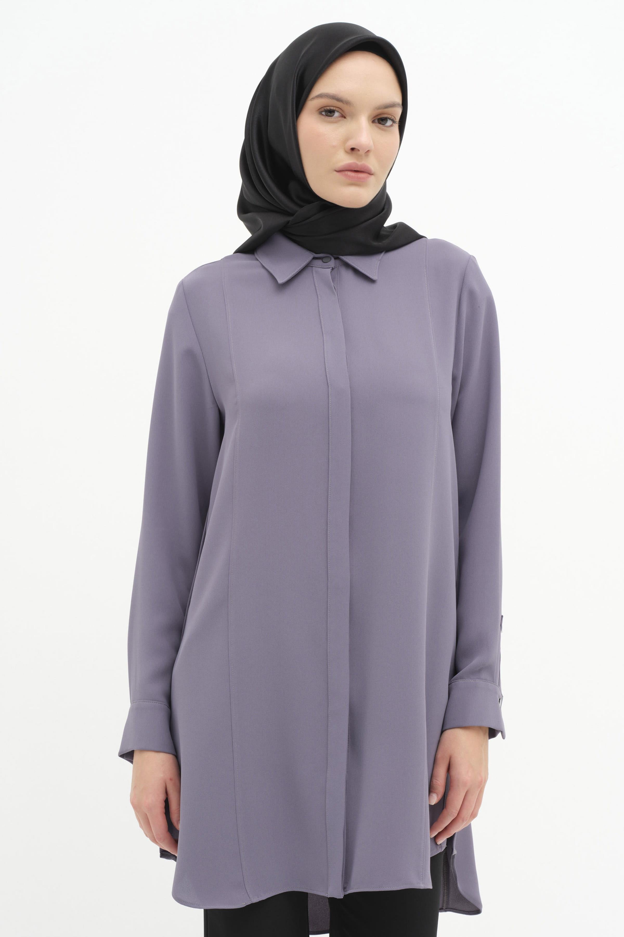 Rivet Detaylı Yırtmaçlı Tunik - Gri TUGBA