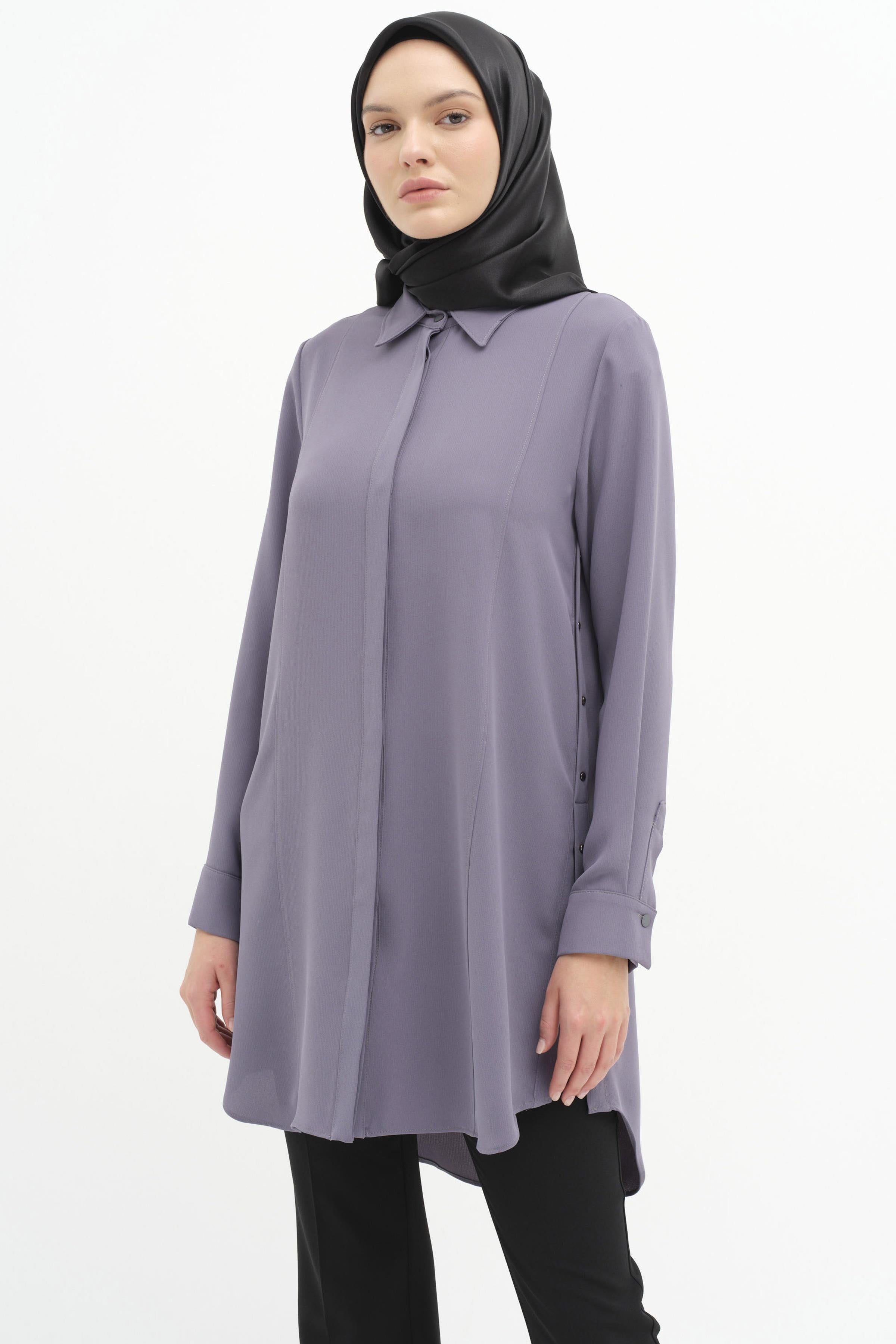 Rivet Detaylı Yırtmaçlı Tunik - Gri TUGBA