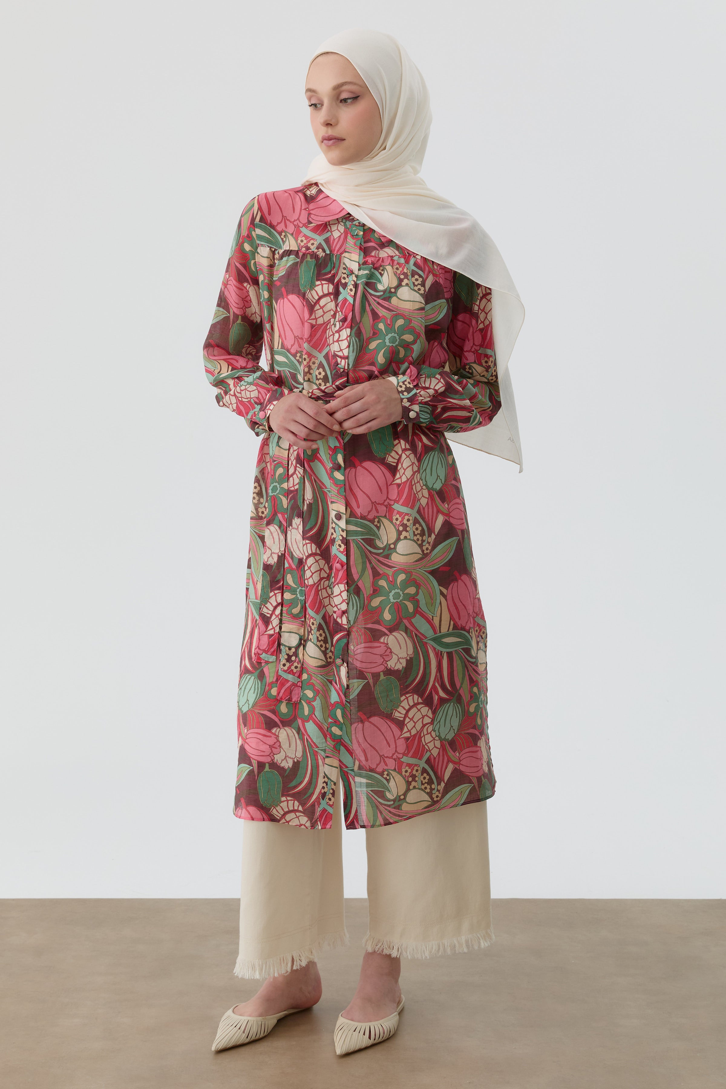 Robalı Çiçek Desenli Tunik - Pembe TUGBA