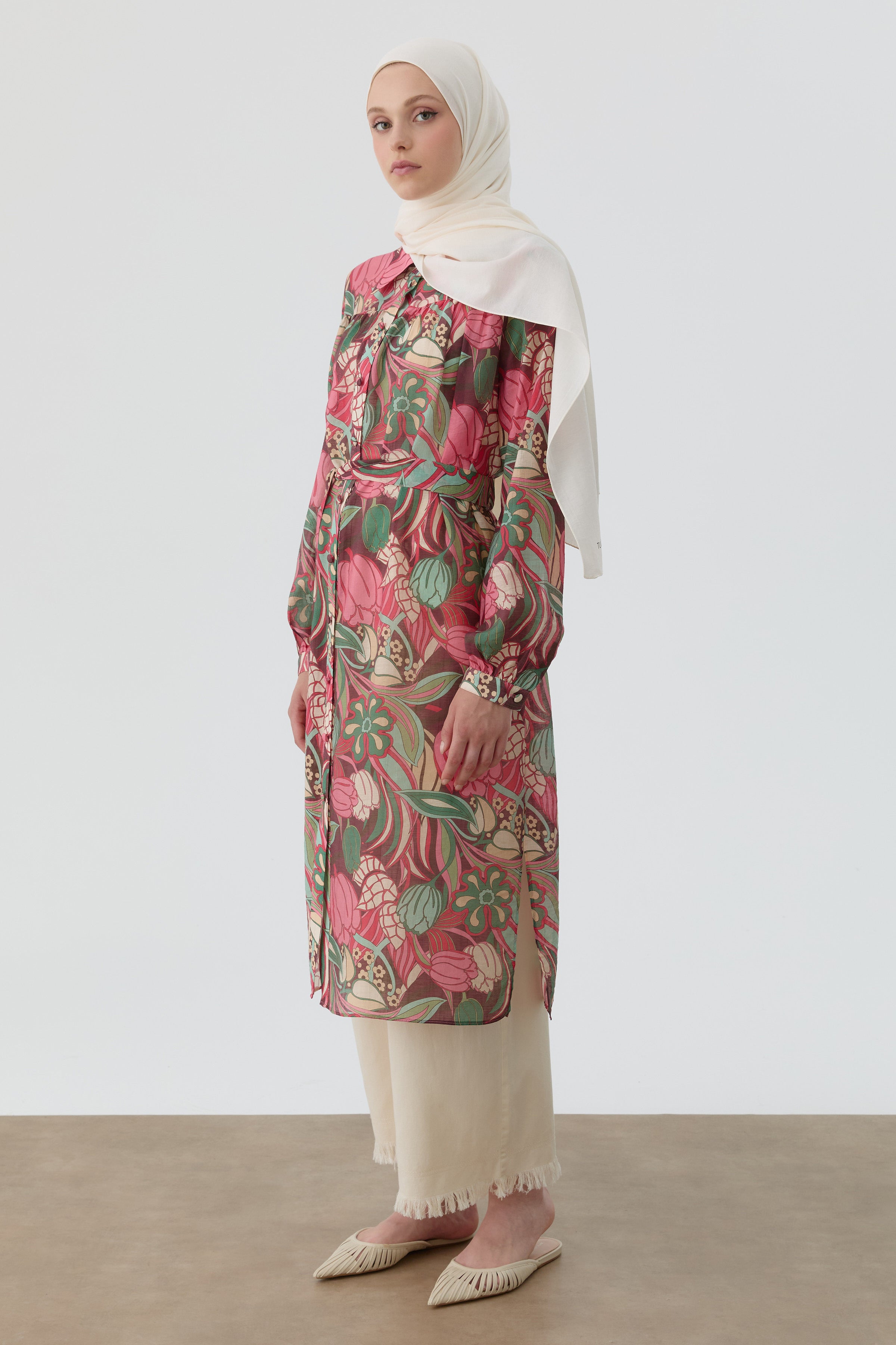 Robalı Çiçek Desenli Tunik - Pembe TUGBA