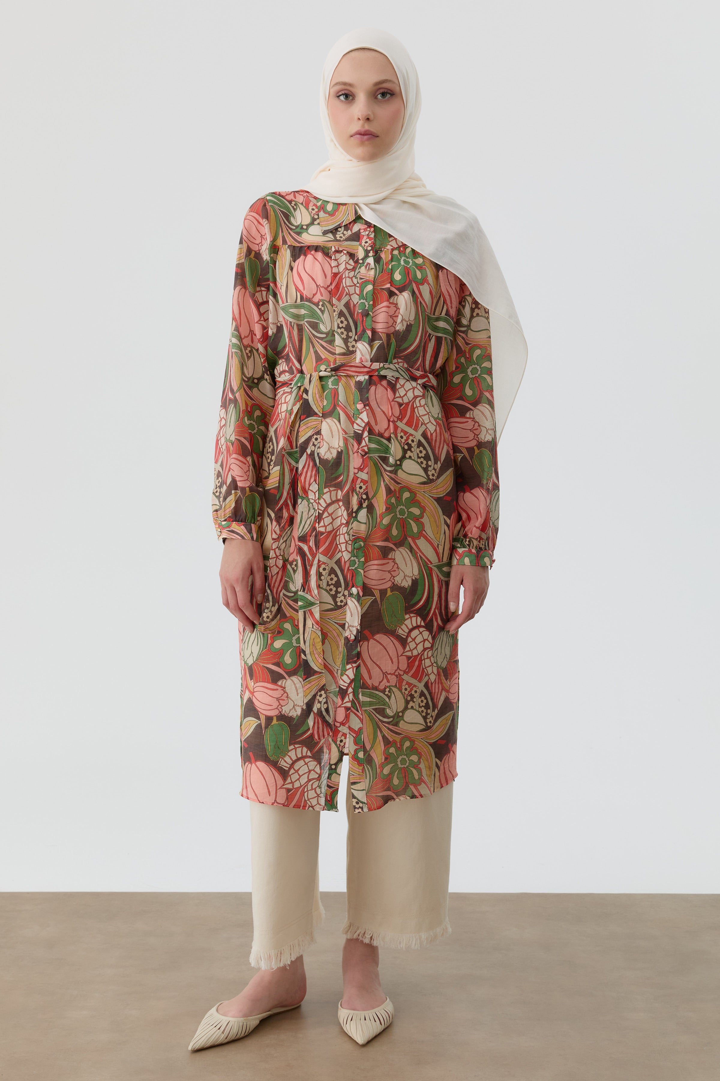 Robalı Çiçek Desenli Tunik - Somon TUGBA