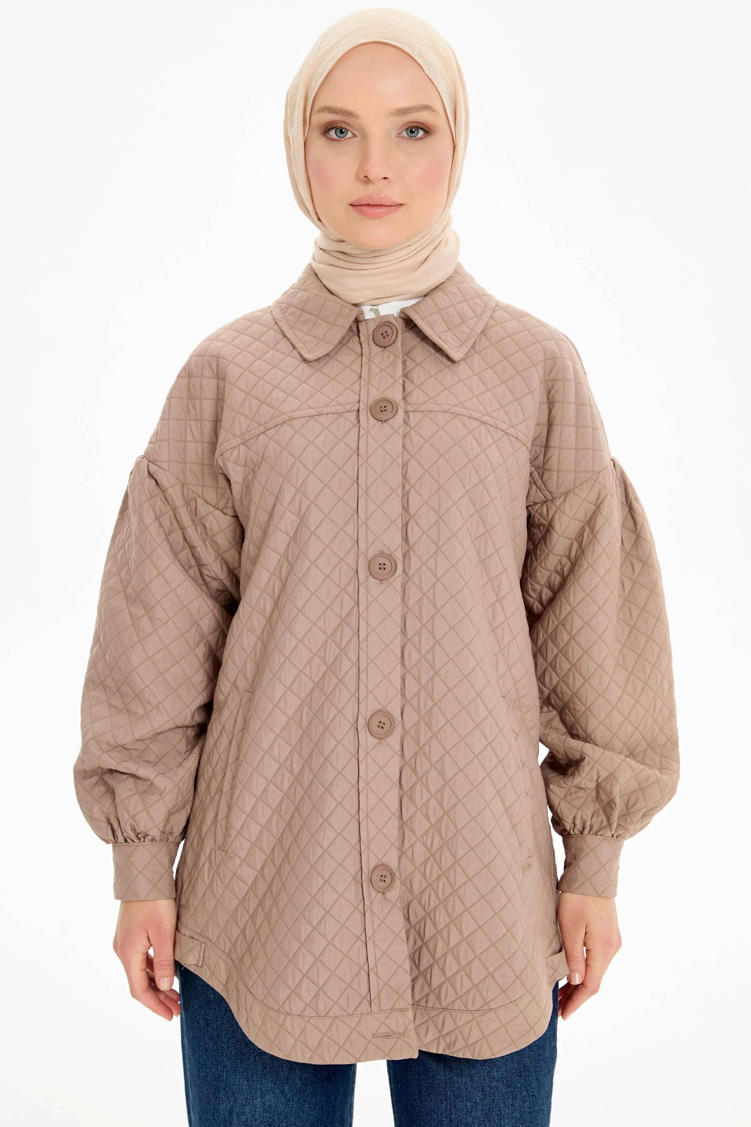Robalı Kapitone Ceket - Bej TUGBA