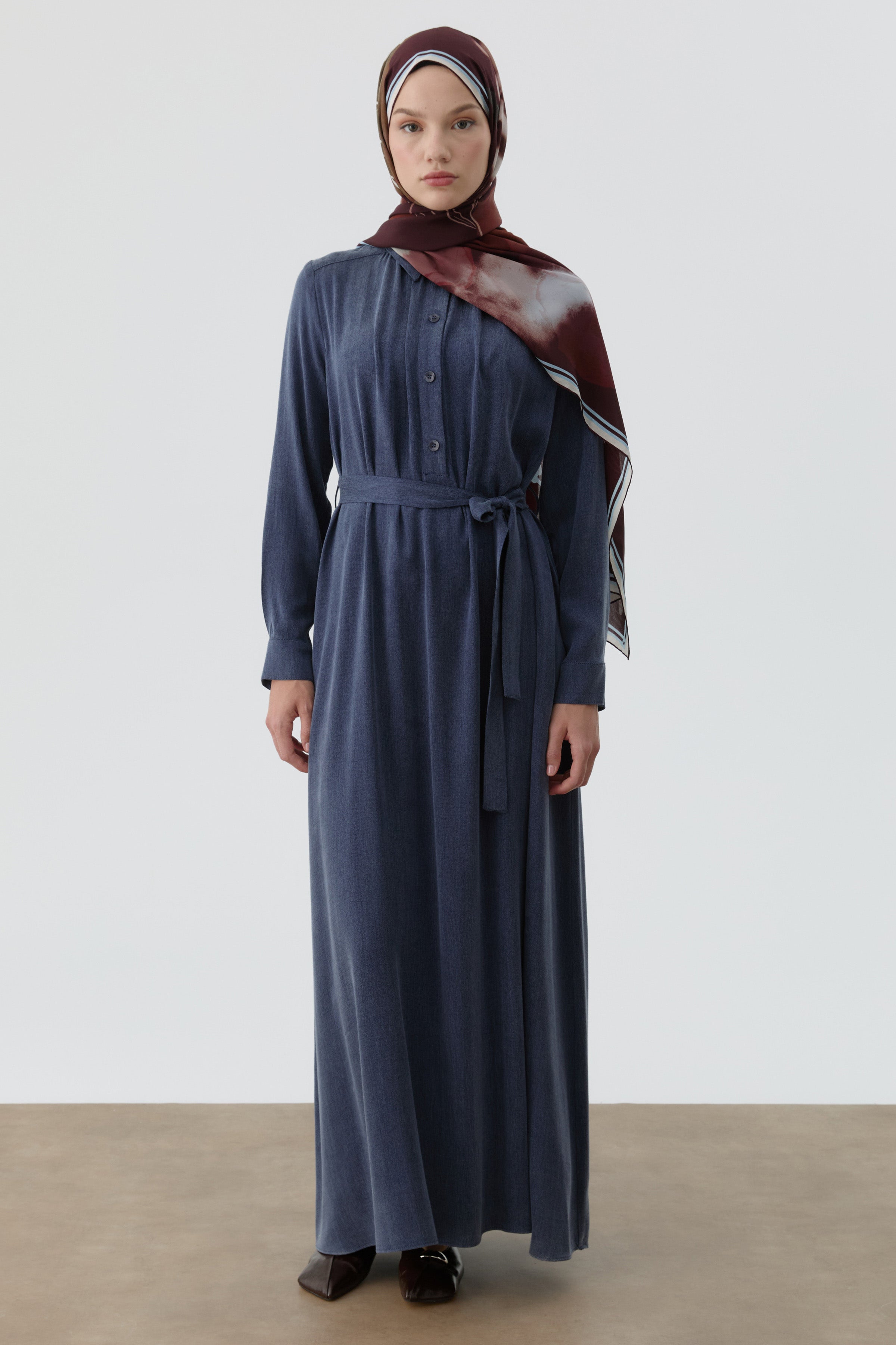 Robalı Kuşaklı Elbise - İndigo TUGBA