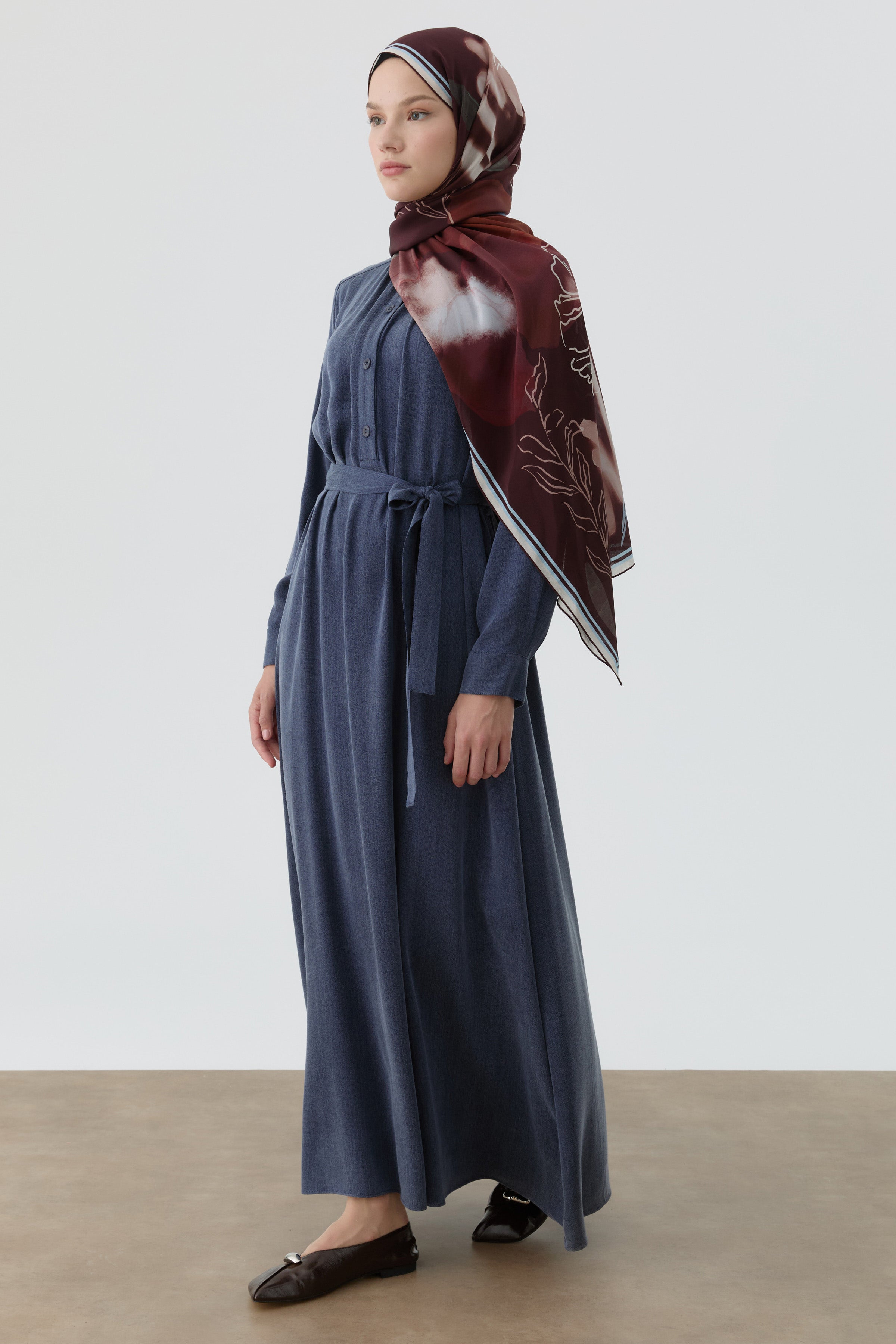 Robalı Kuşaklı Elbise - İndigo TUGBA