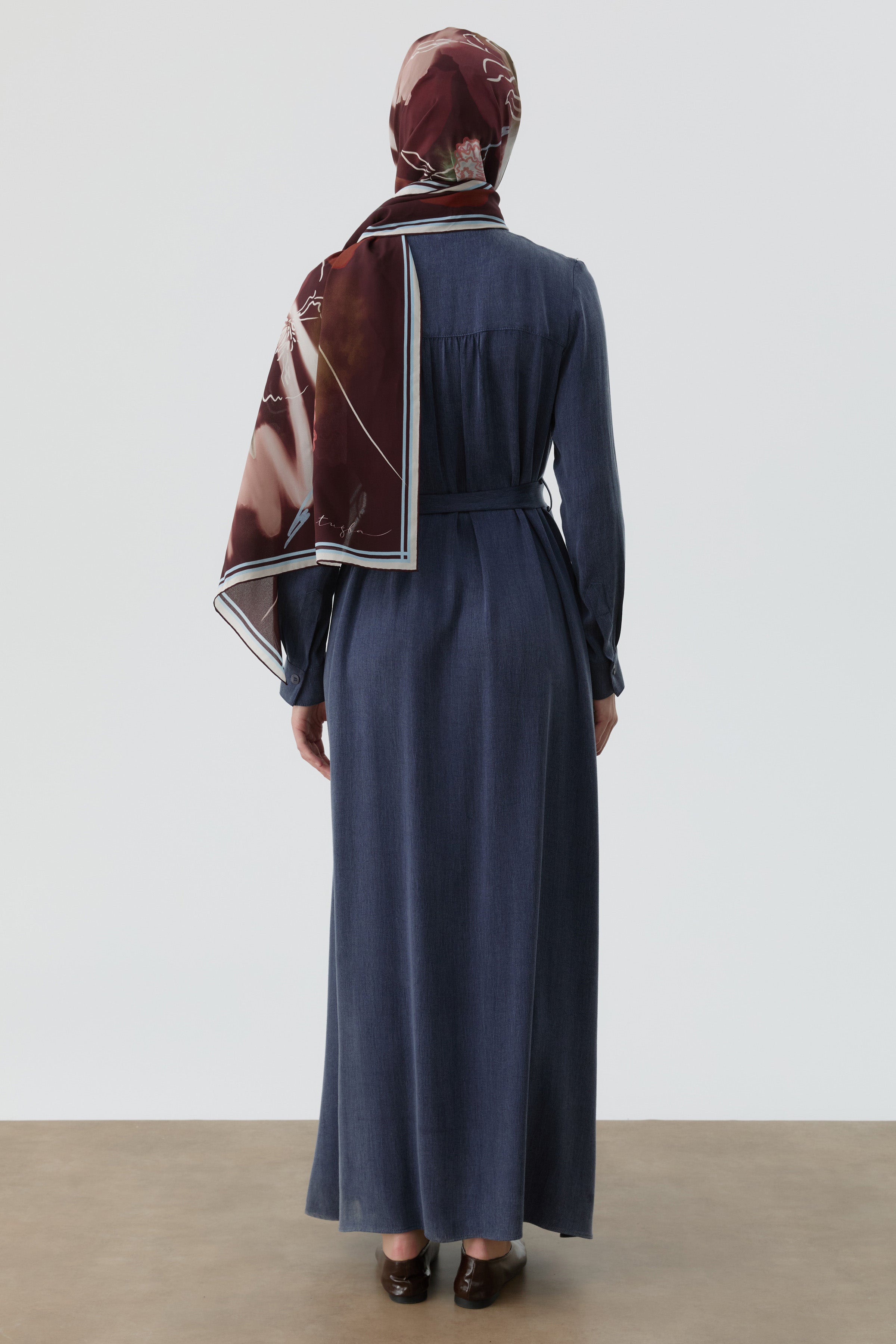 Robalı Kuşaklı Elbise - İndigo TUGBA