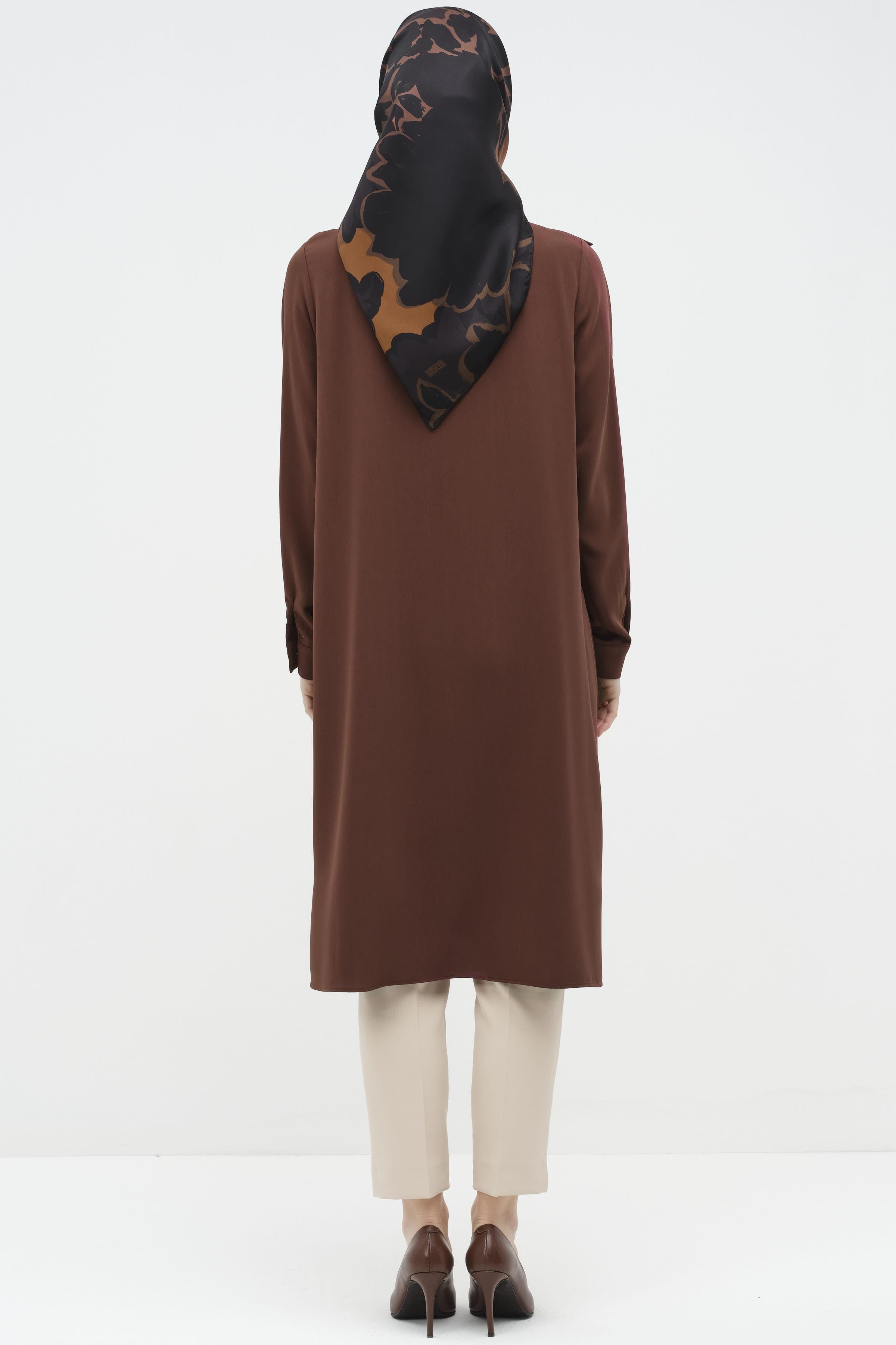 Robalı Volan Detaylı Garnili Tunik - Kahve TUGBA