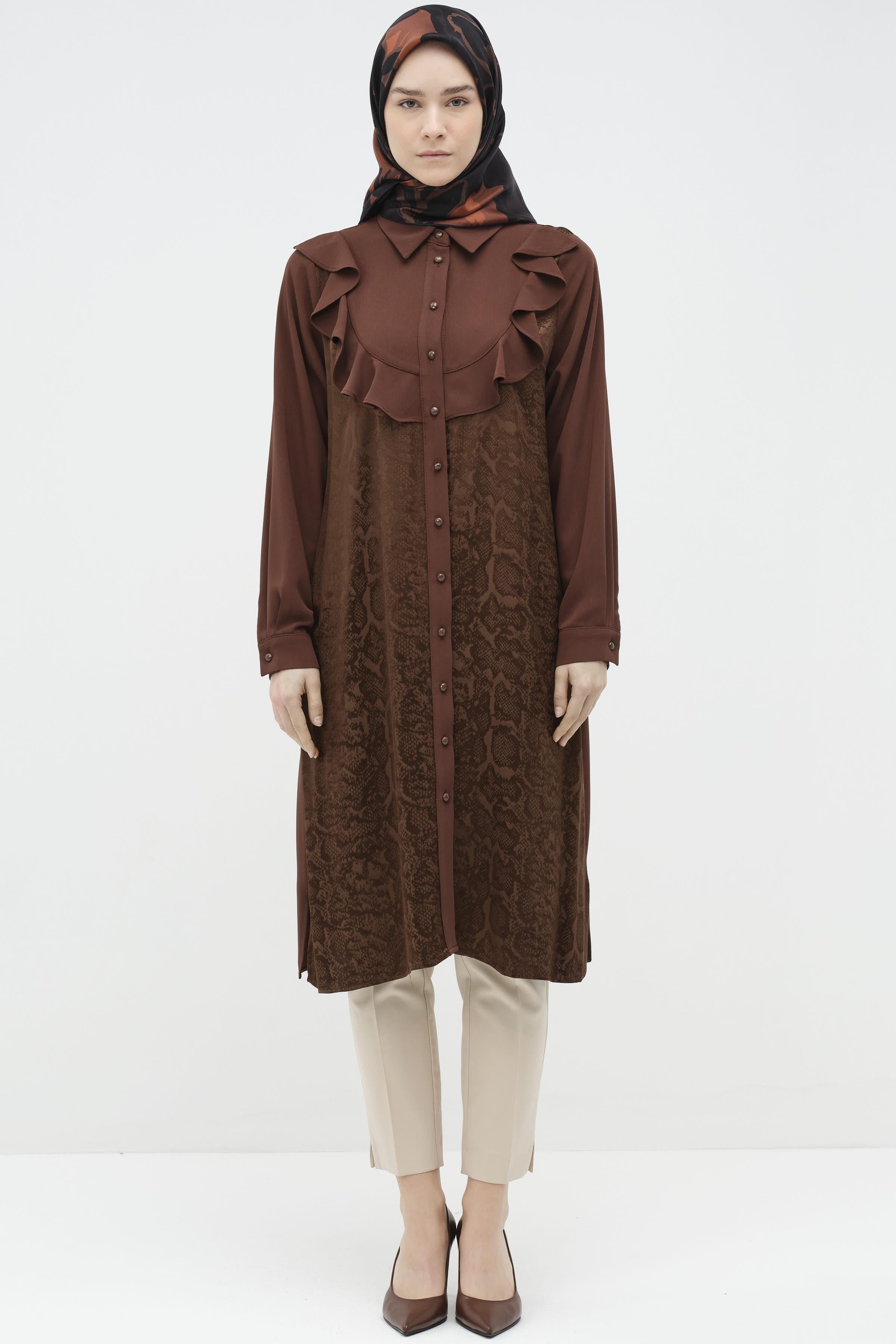 Robalı Volan Detaylı Garnili Tunik - Kahve TUGBA