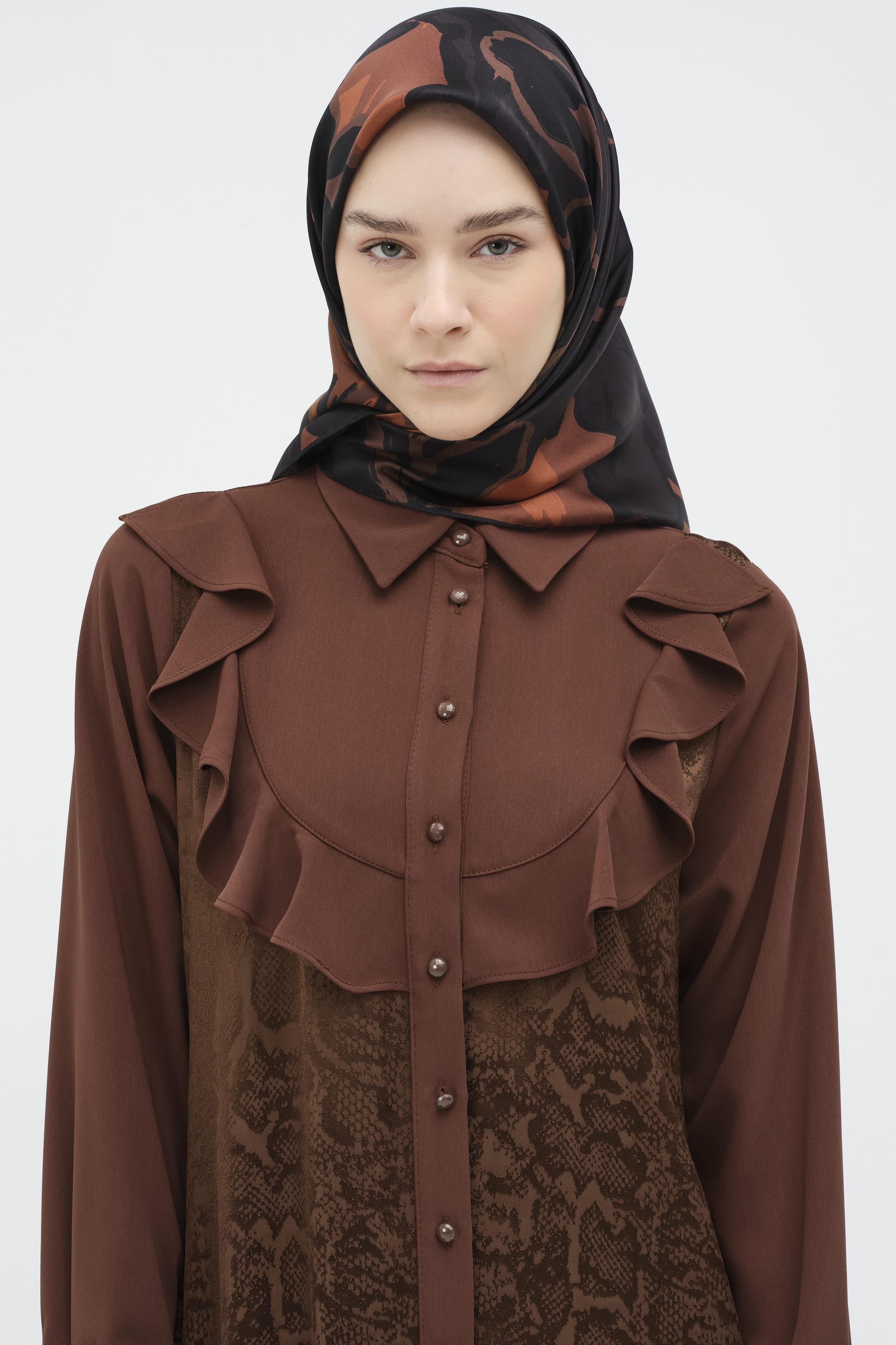 Robalı Volan Detaylı Garnili Tunik - Kahve TUGBA