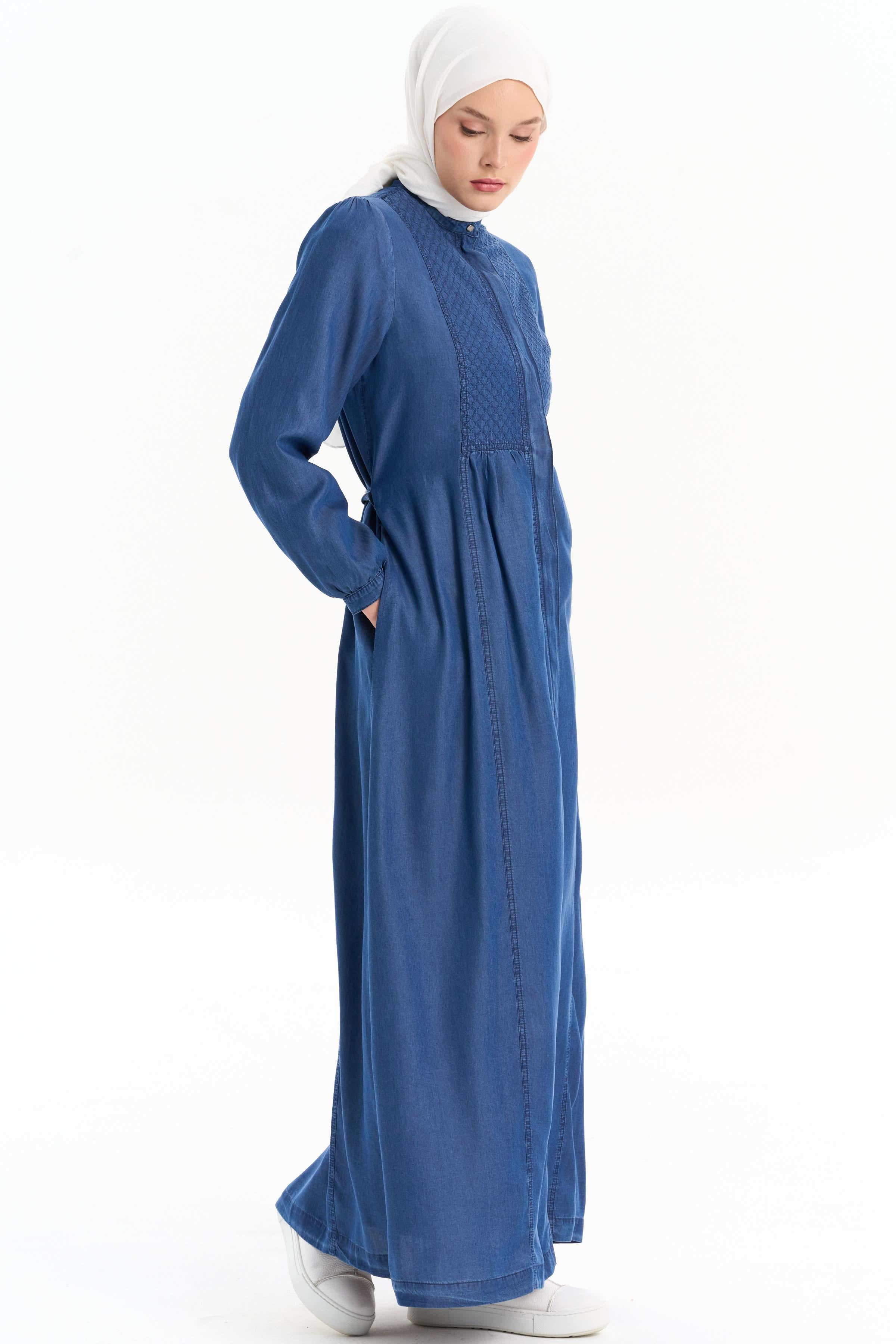 Robası Nakışlı Tencel Pardesü - İndigo TUGBA