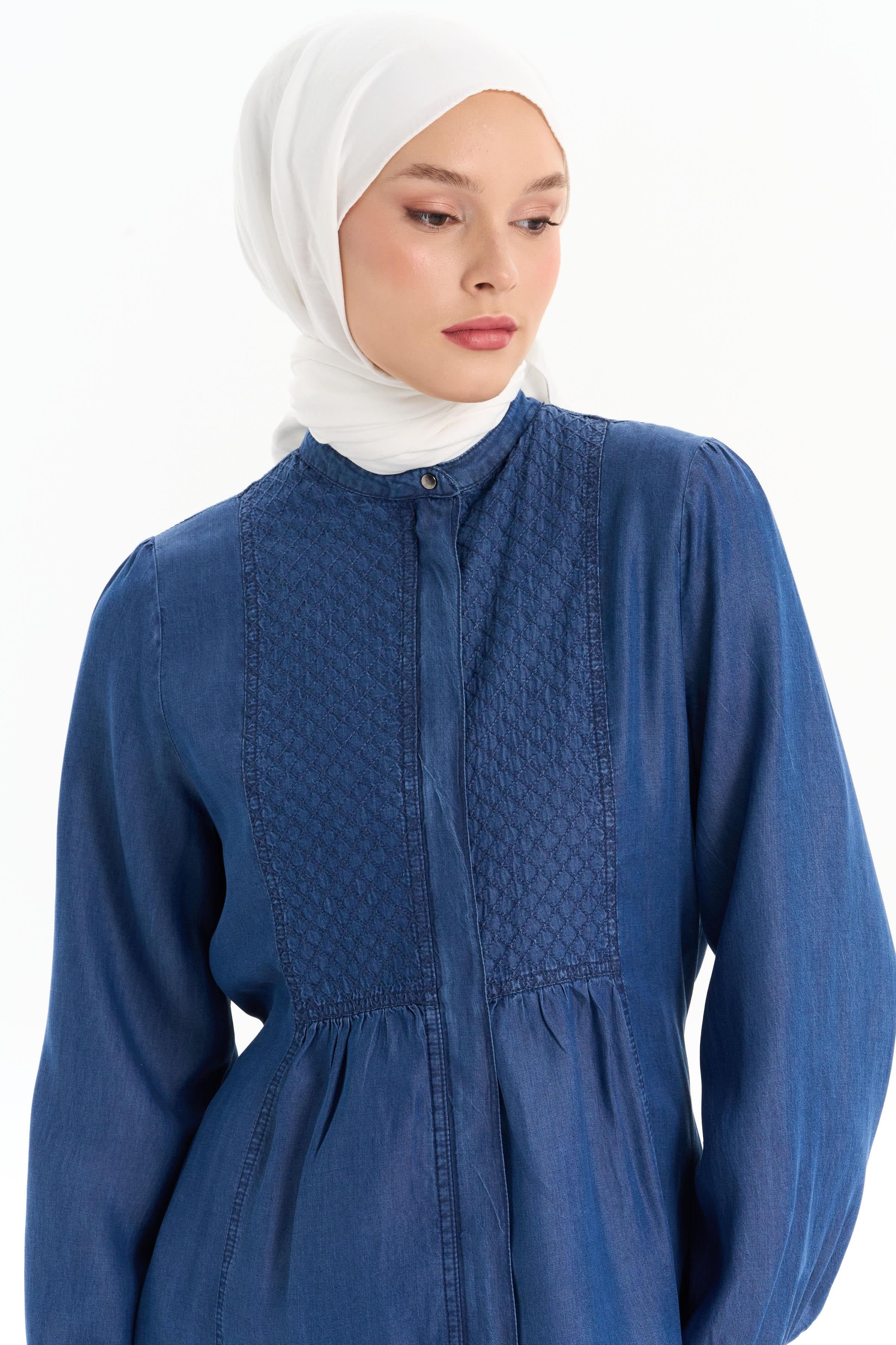 Robası Nakışlı Tencel Pardesü - İndigo TUGBA