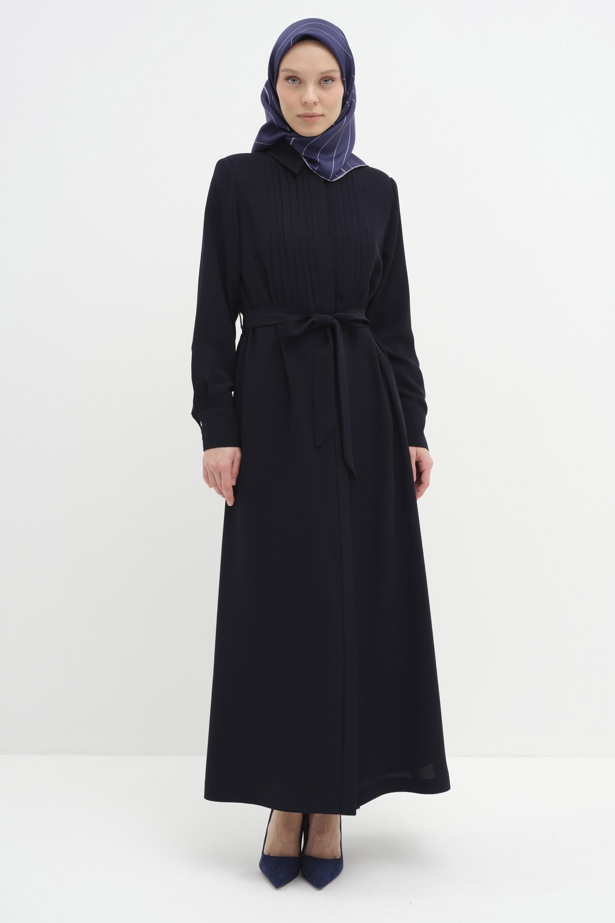 Robası Plise Detaylı Pardesü - Lacivert TUGBA