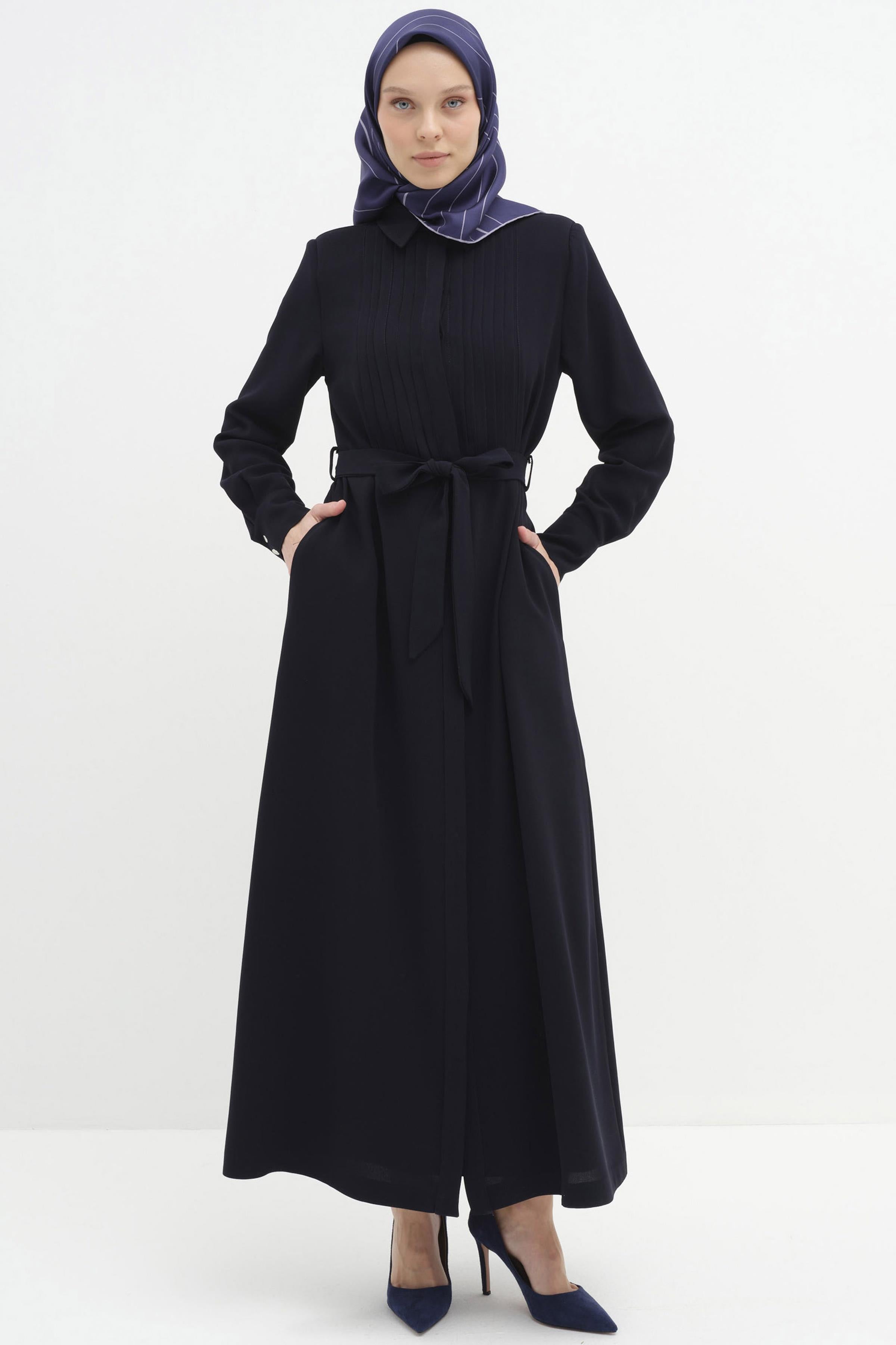 Robası Plise Detaylı Pardesü - Lacivert TUGBA