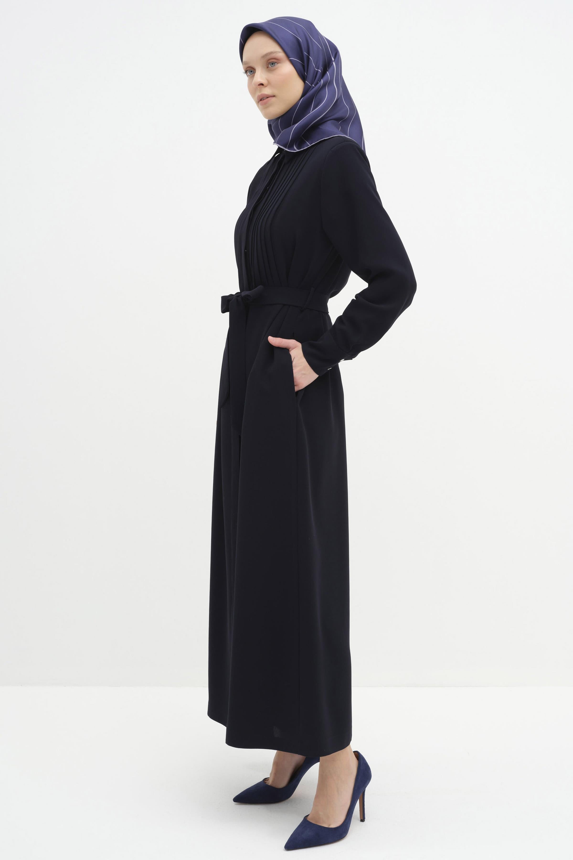 Robası Plise Detaylı Pardesü - Lacivert TUGBA