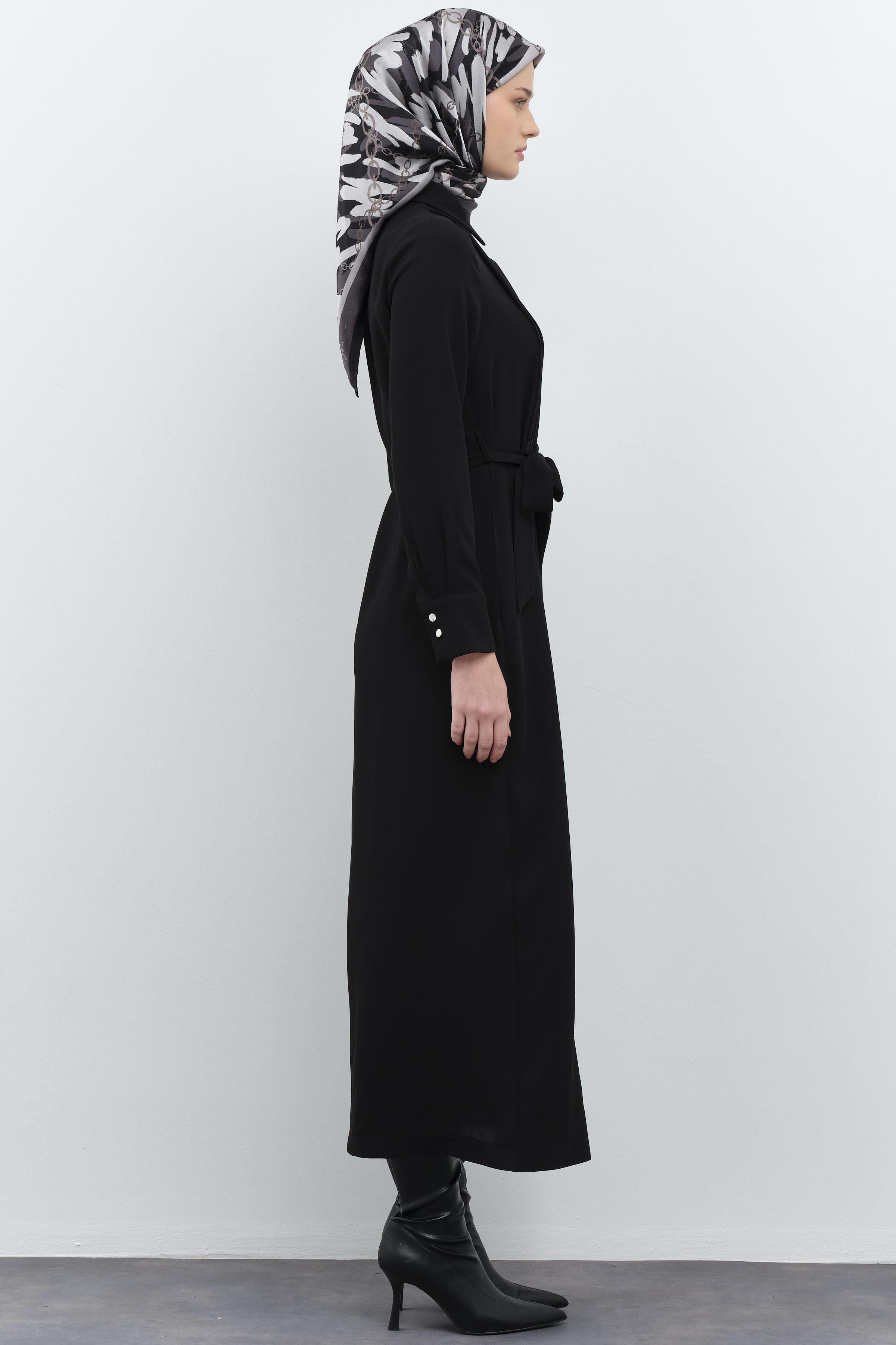 Robası Plise Detaylı Pardesü - Siyah TUGBA