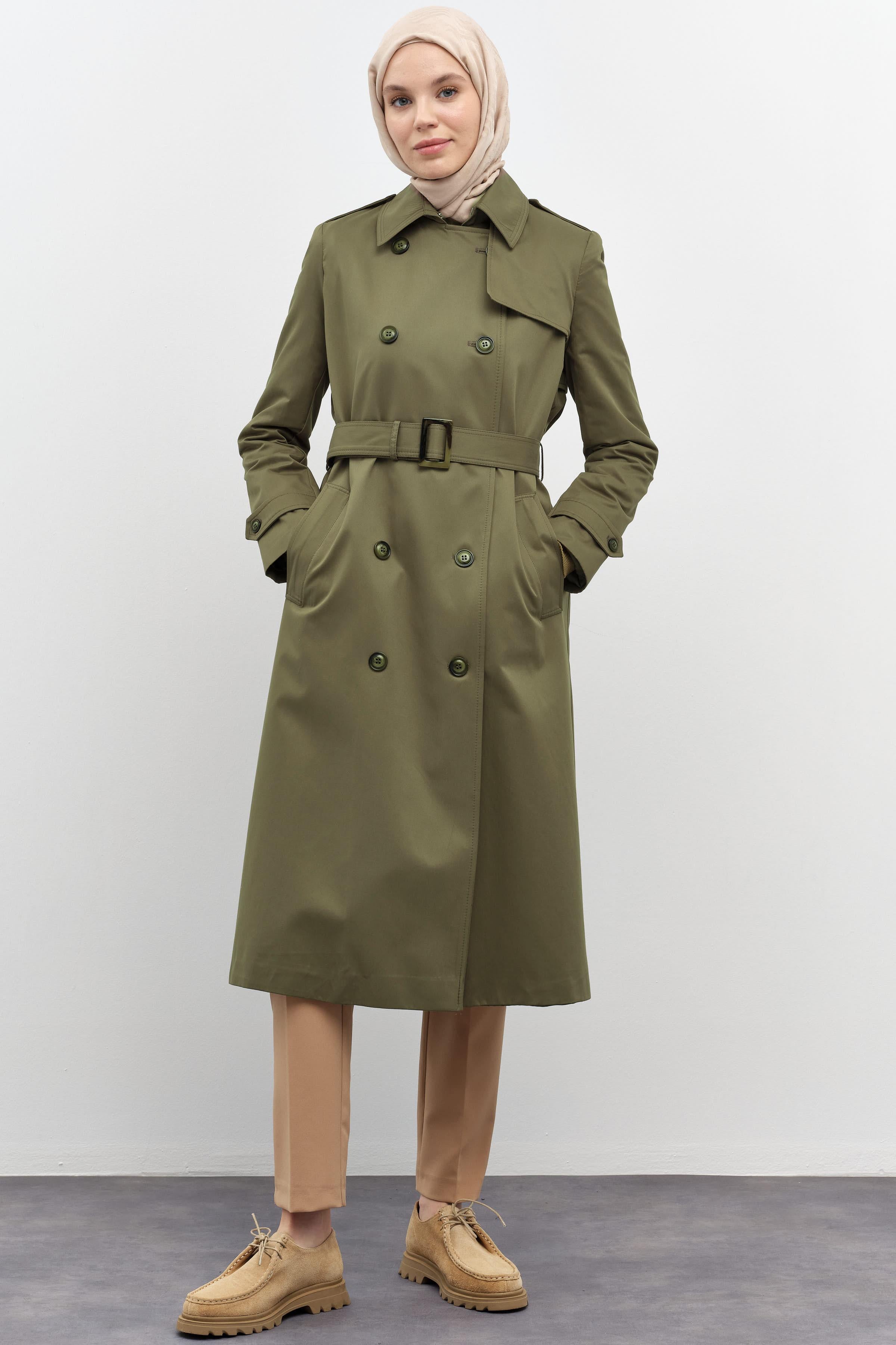 Rüzgarlık Detaylı Pilikaşeli Trenç - Haki TUGBA